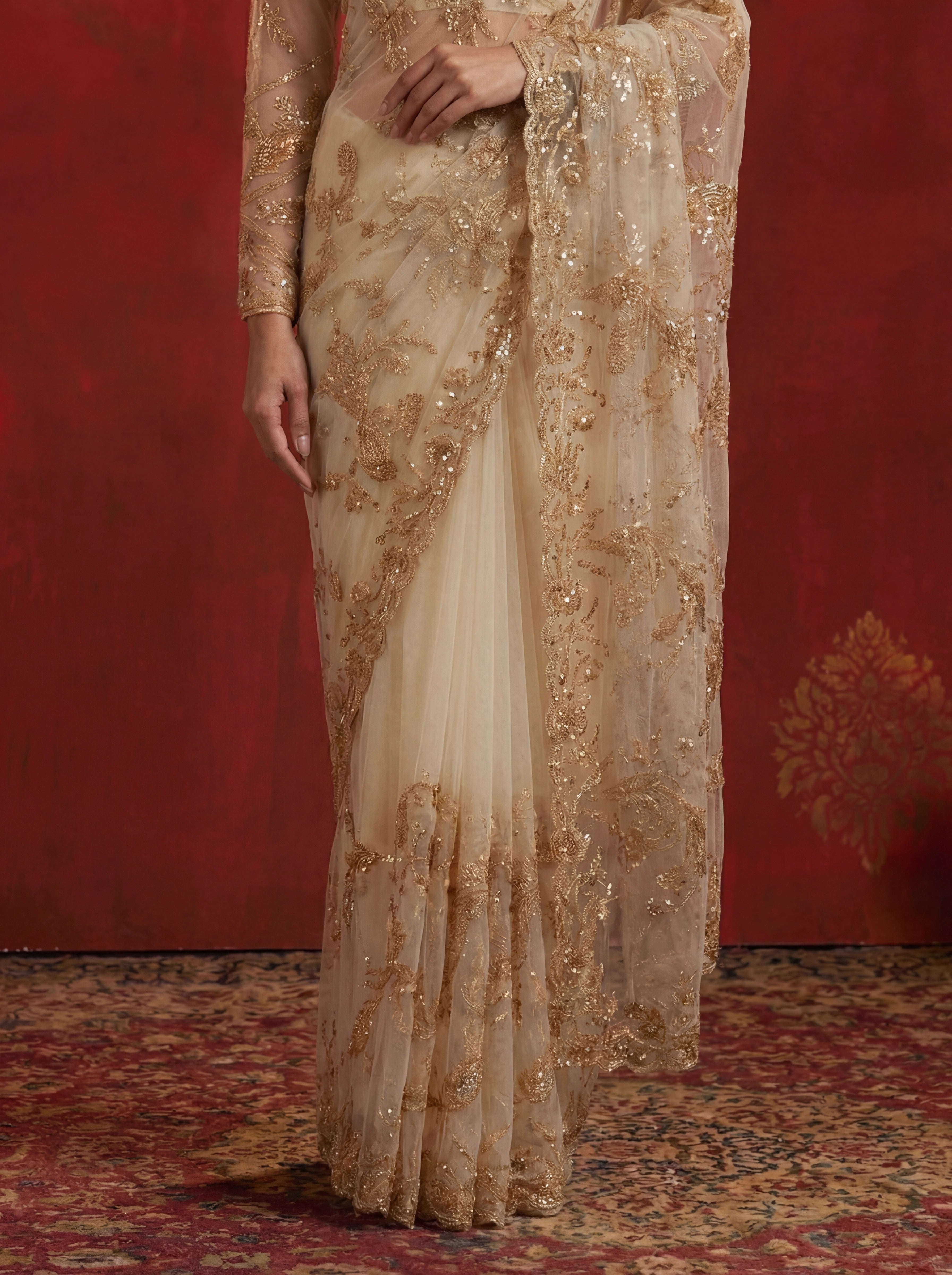 Ivory Gold Net Sequins Embroidery Beads Bridal Saree