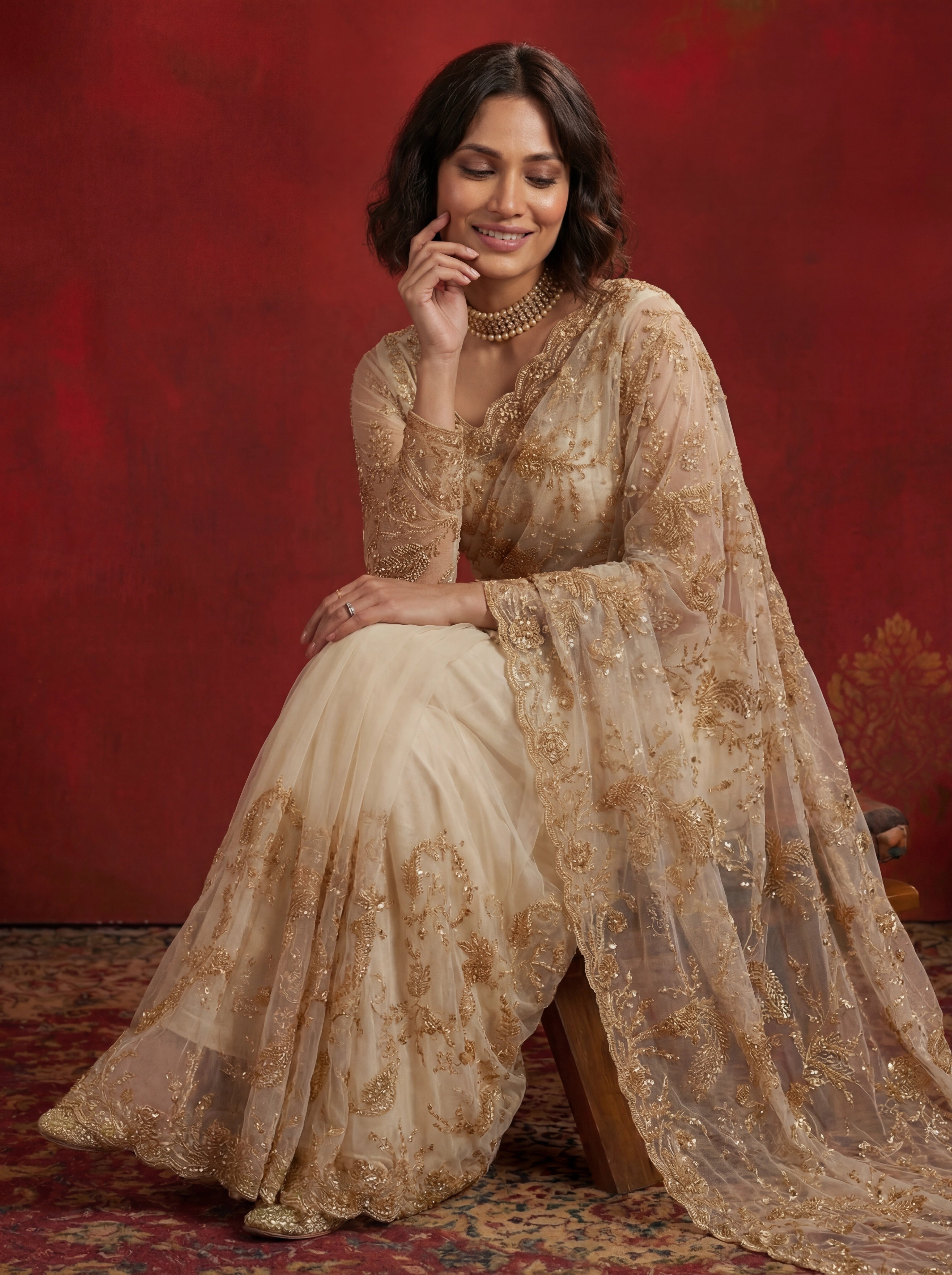 Ivory Gold Net Sequins Embroidery Beads Bridal Saree