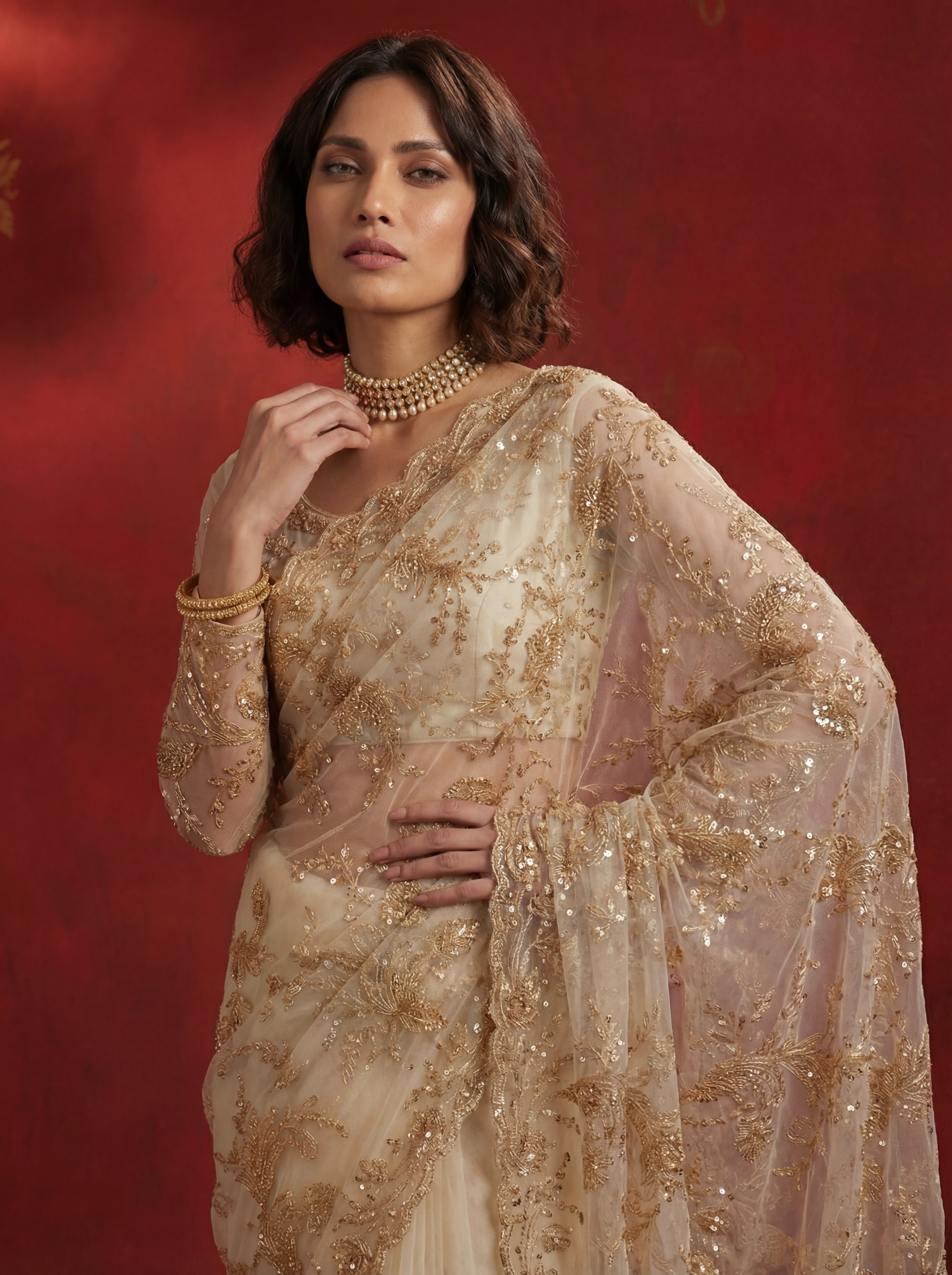 Ivory Gold Net Sequins Embroidery Beads Bridal Saree