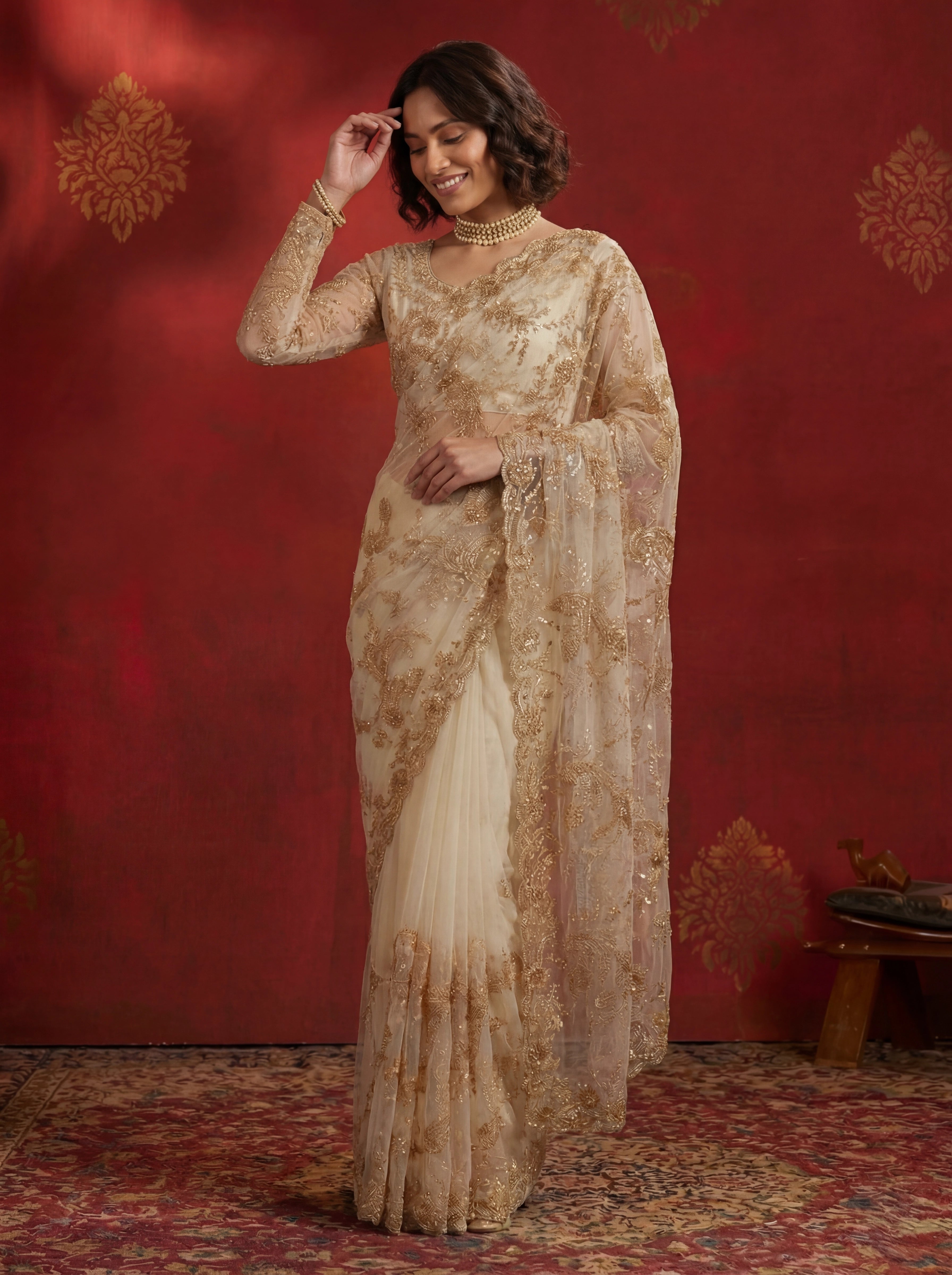 Ivory Gold Net Sequins Embroidery Beads Bridal Saree
