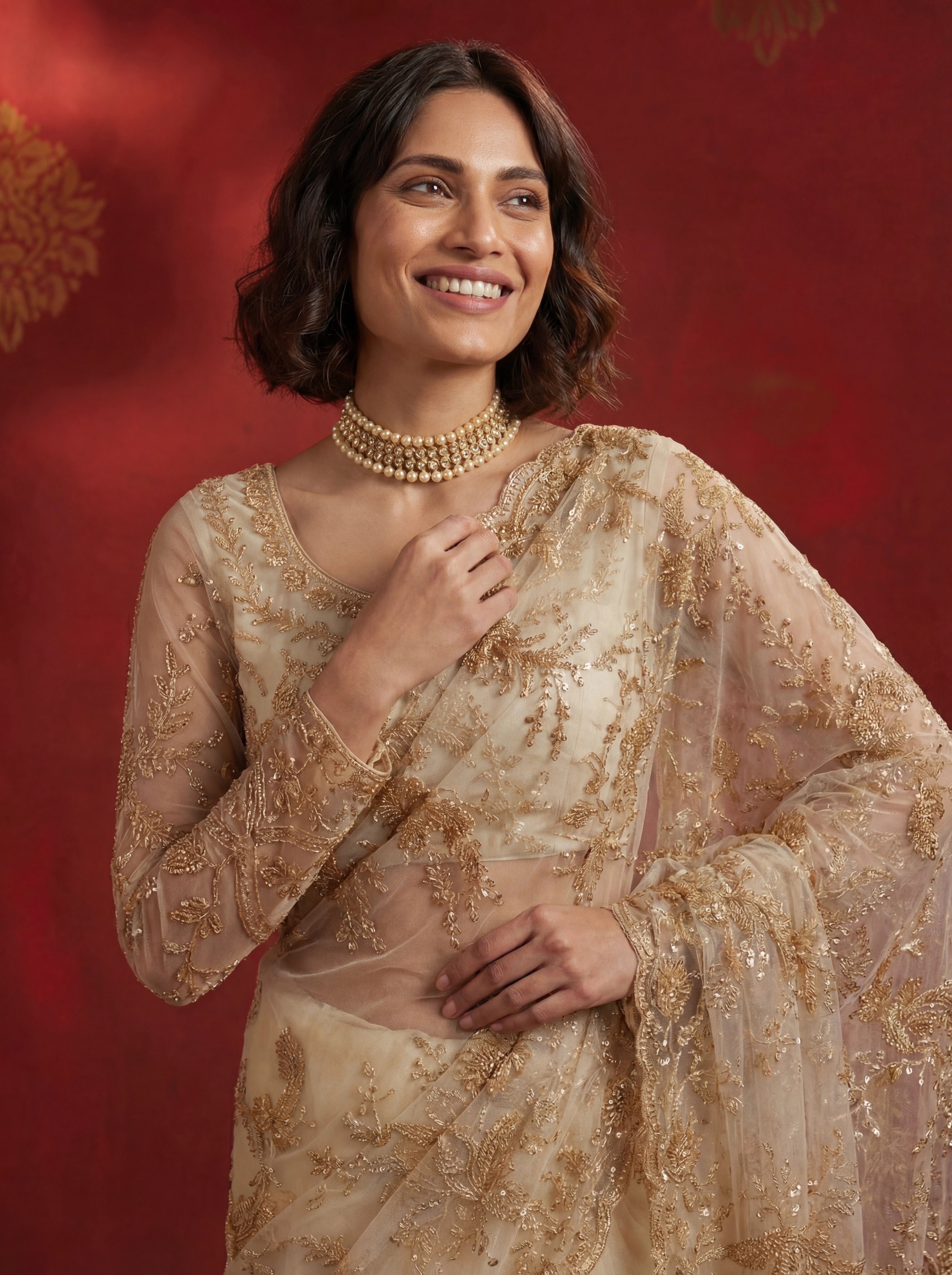Ivory Gold Net Sequins Embroidery Beads Bridal Saree