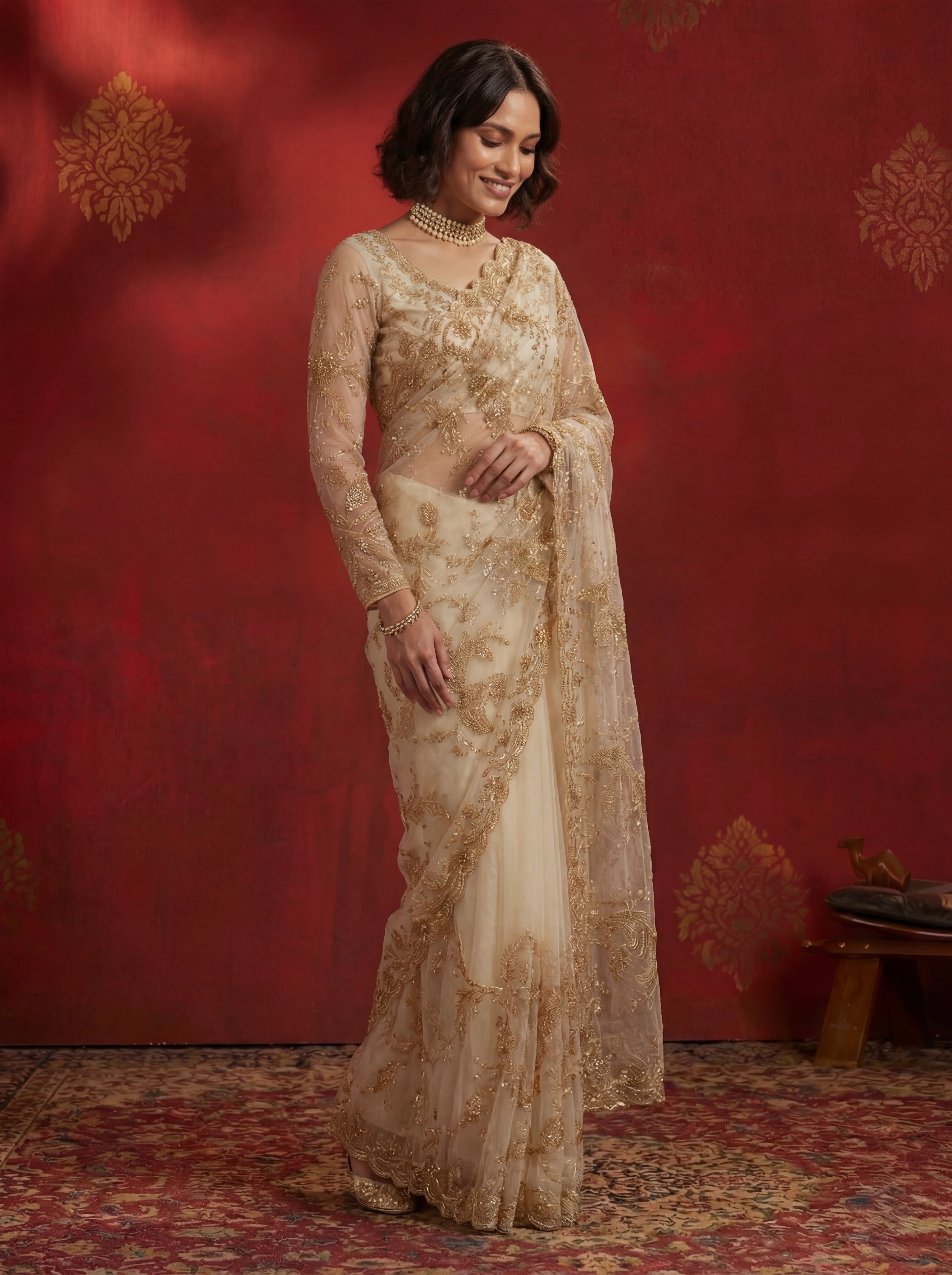 Ivory Gold Net Sequins Embroidery Beads Bridal Saree