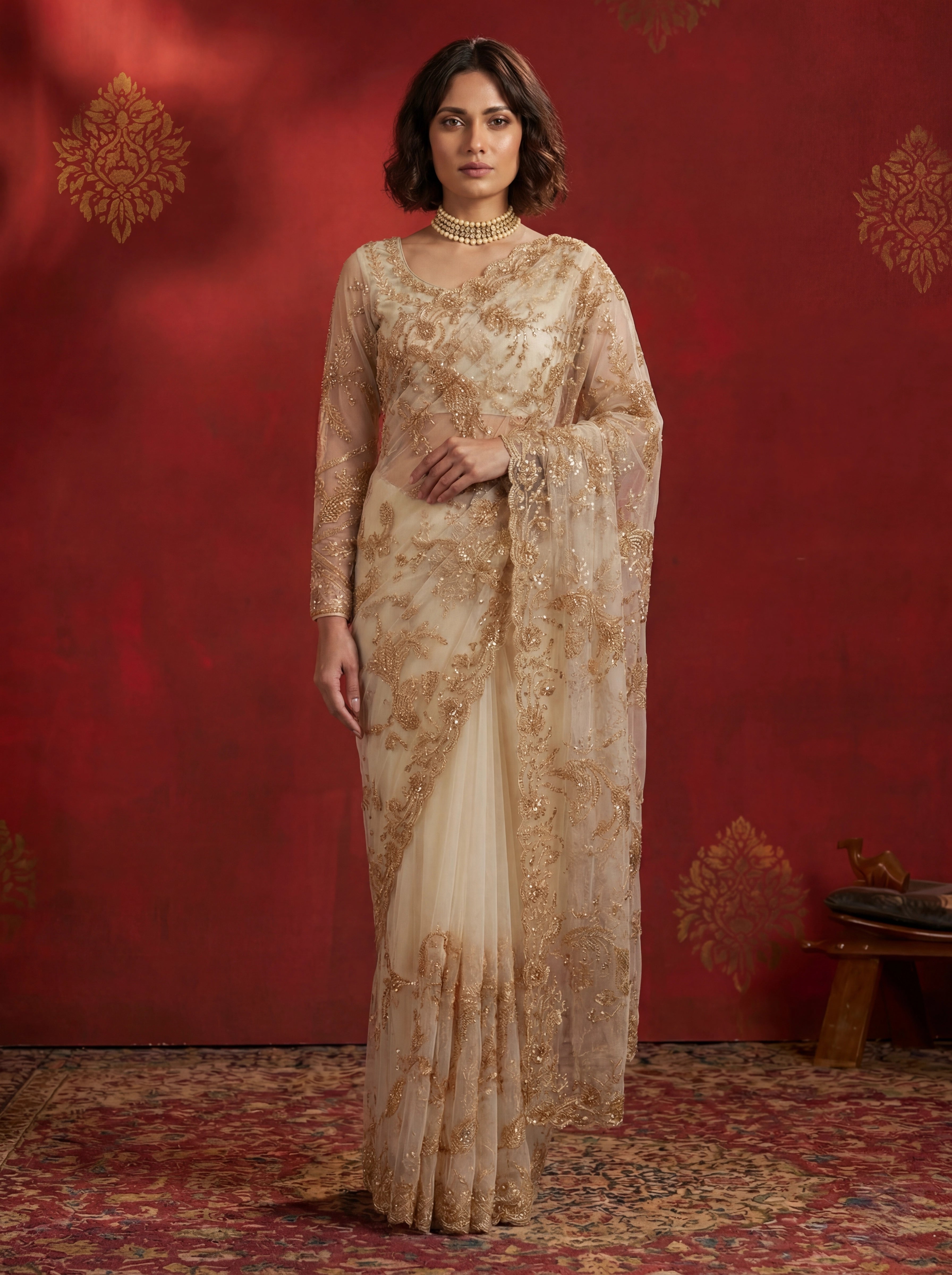Ivory Gold Net Sequins Embroidery Beads Bridal Saree