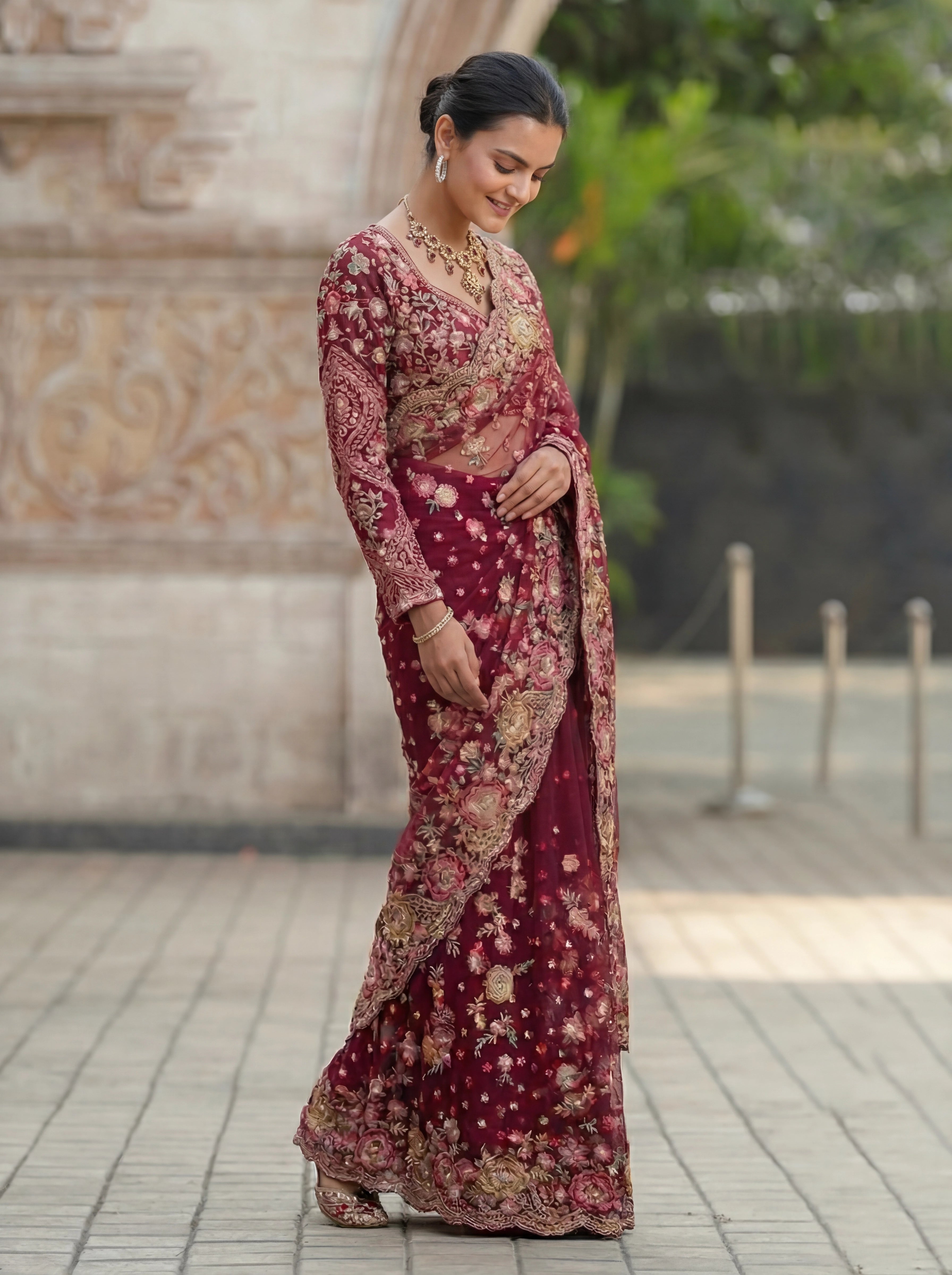 Magenta Net Floral Embroidery Sequins Beads Bridal Saree