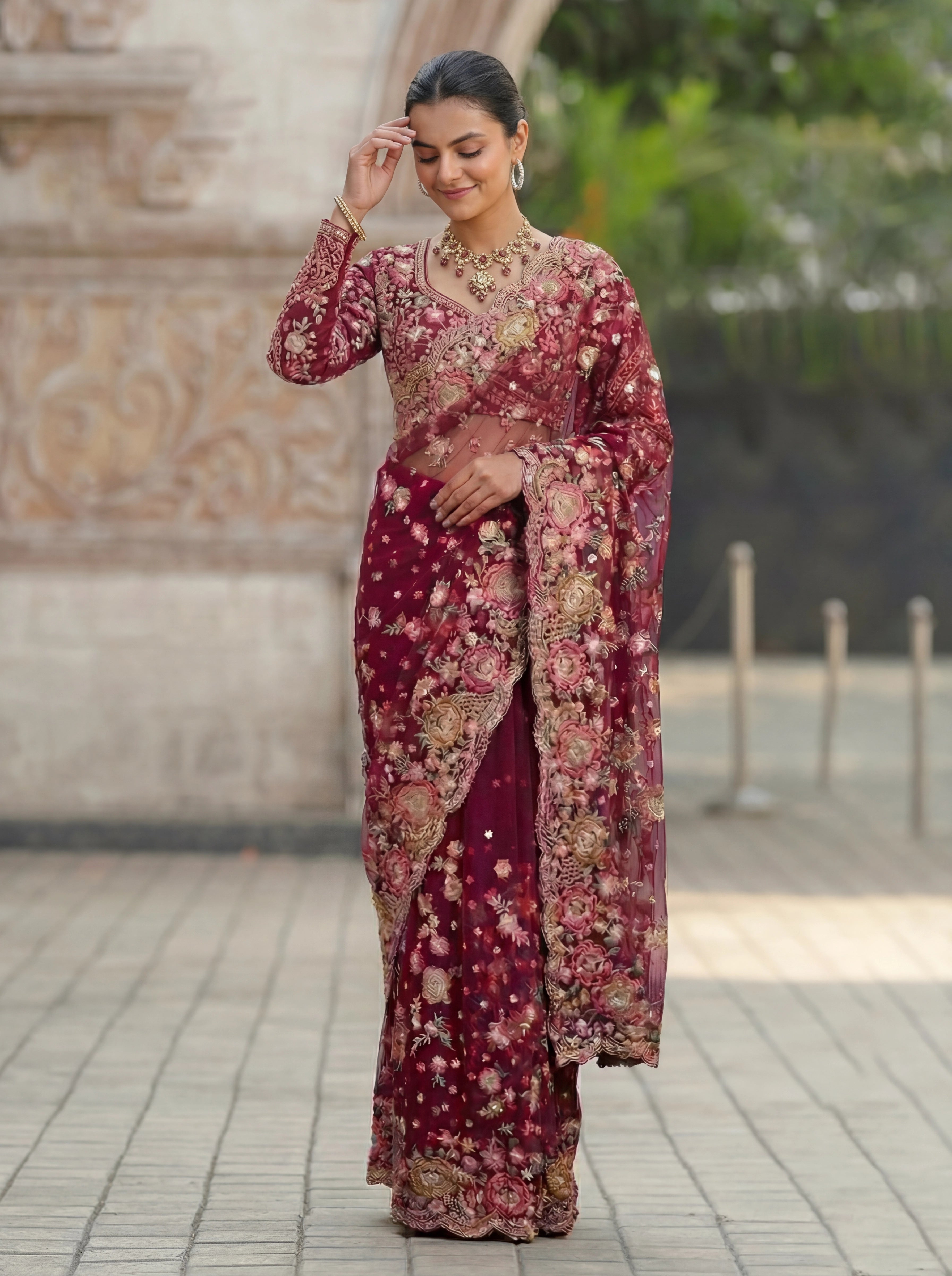 Magenta Net Floral Embroidery Sequins Beads Bridal Saree