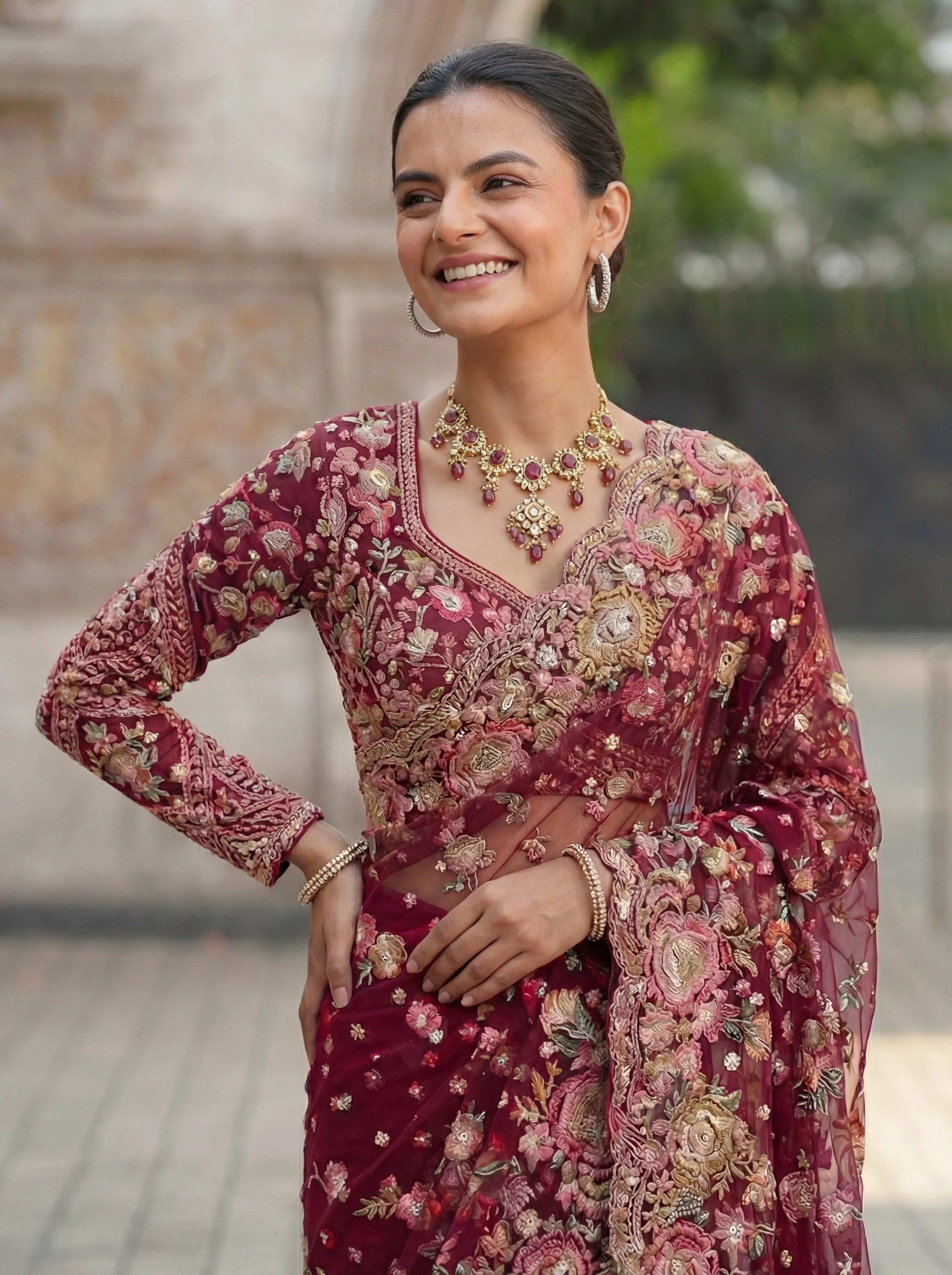 Magenta Net Floral Embroidery Sequins Beads Bridal Saree