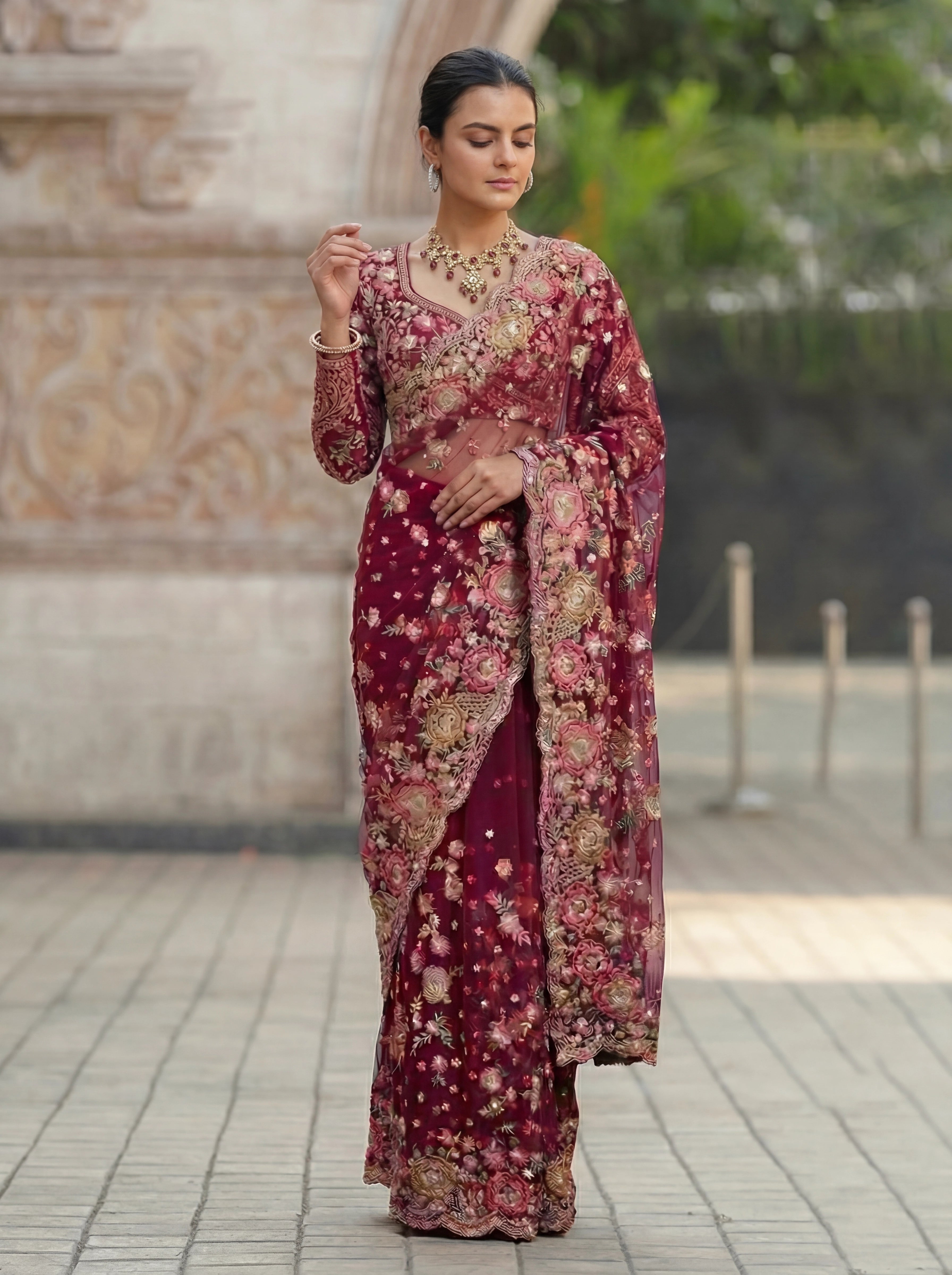 Magenta Net Floral Embroidery Sequins Beads Bridal Saree