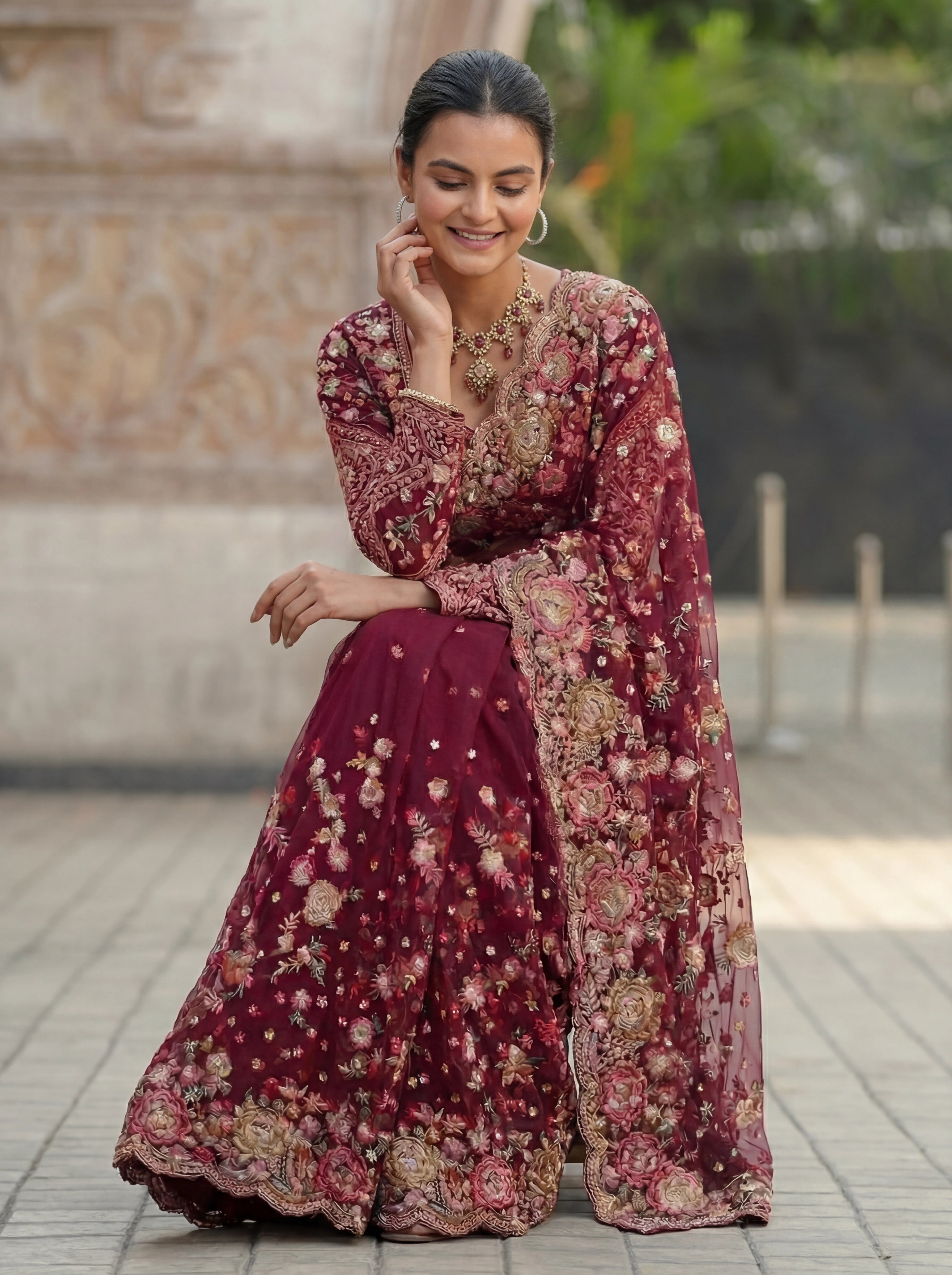 Magenta Net Floral Embroidery Sequins Beads Bridal Saree