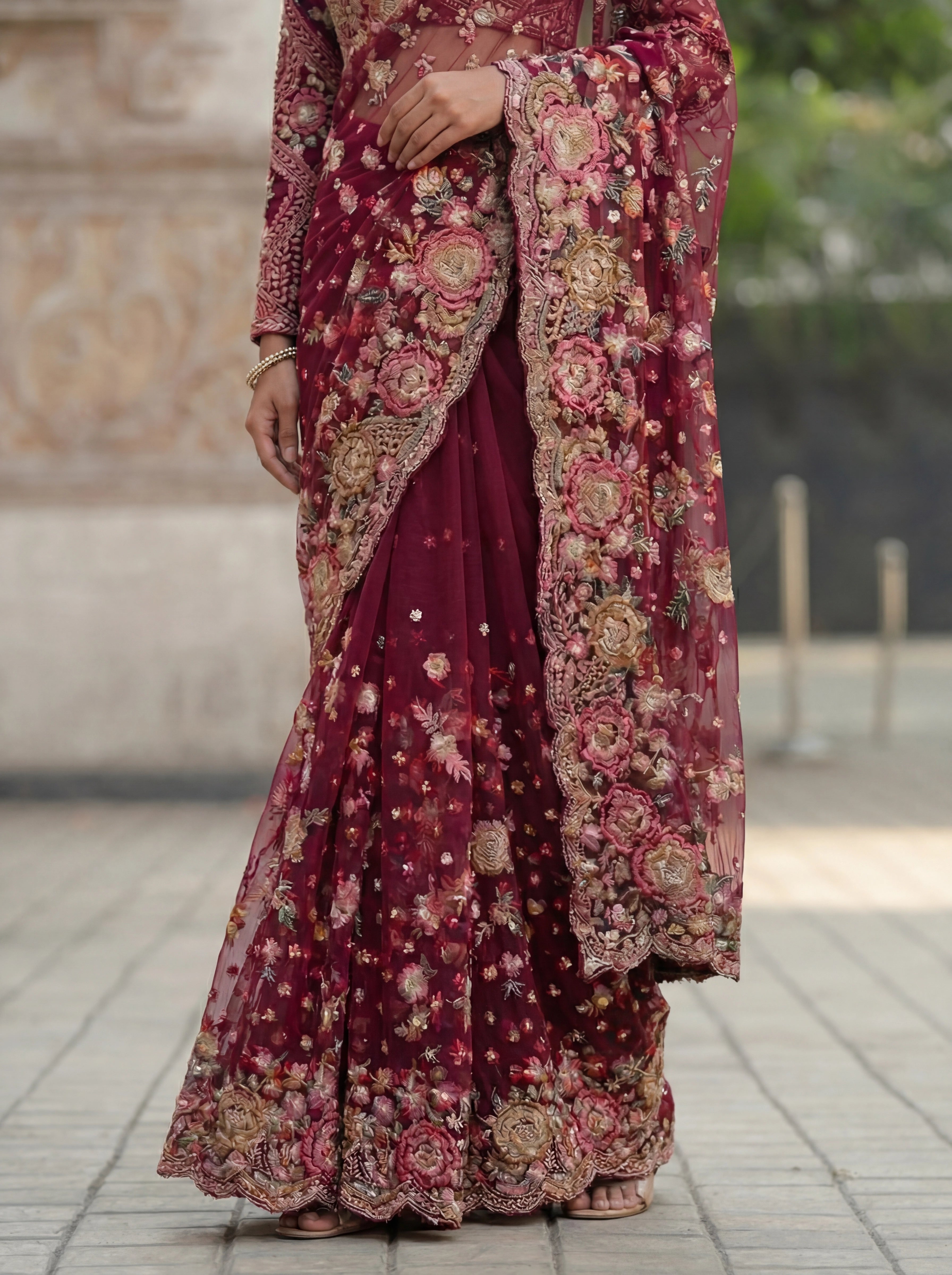 Magenta Net Floral Embroidery Sequins Beads Bridal Saree