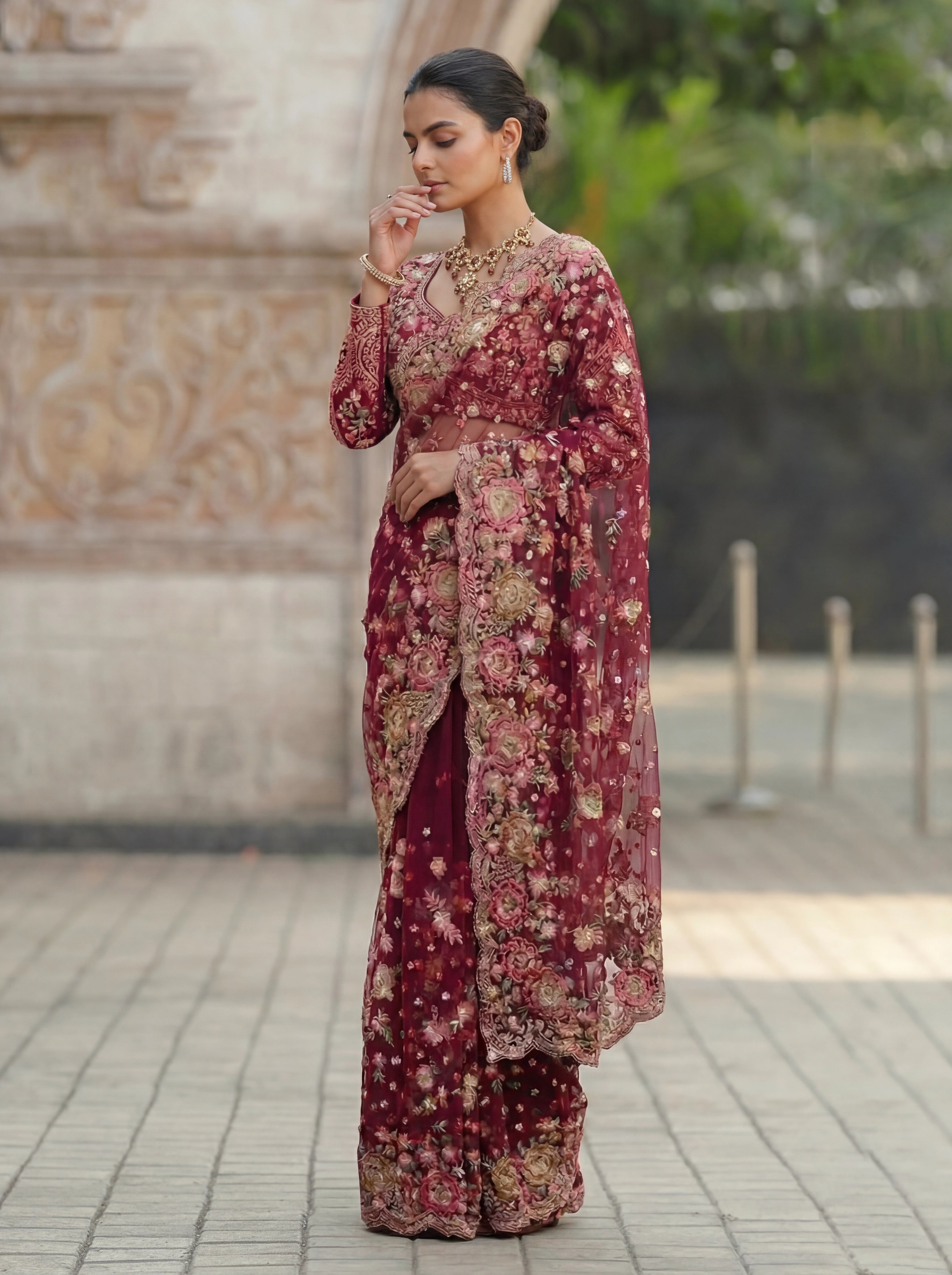 Magenta Net Floral Embroidery Sequins Beads Bridal Saree
