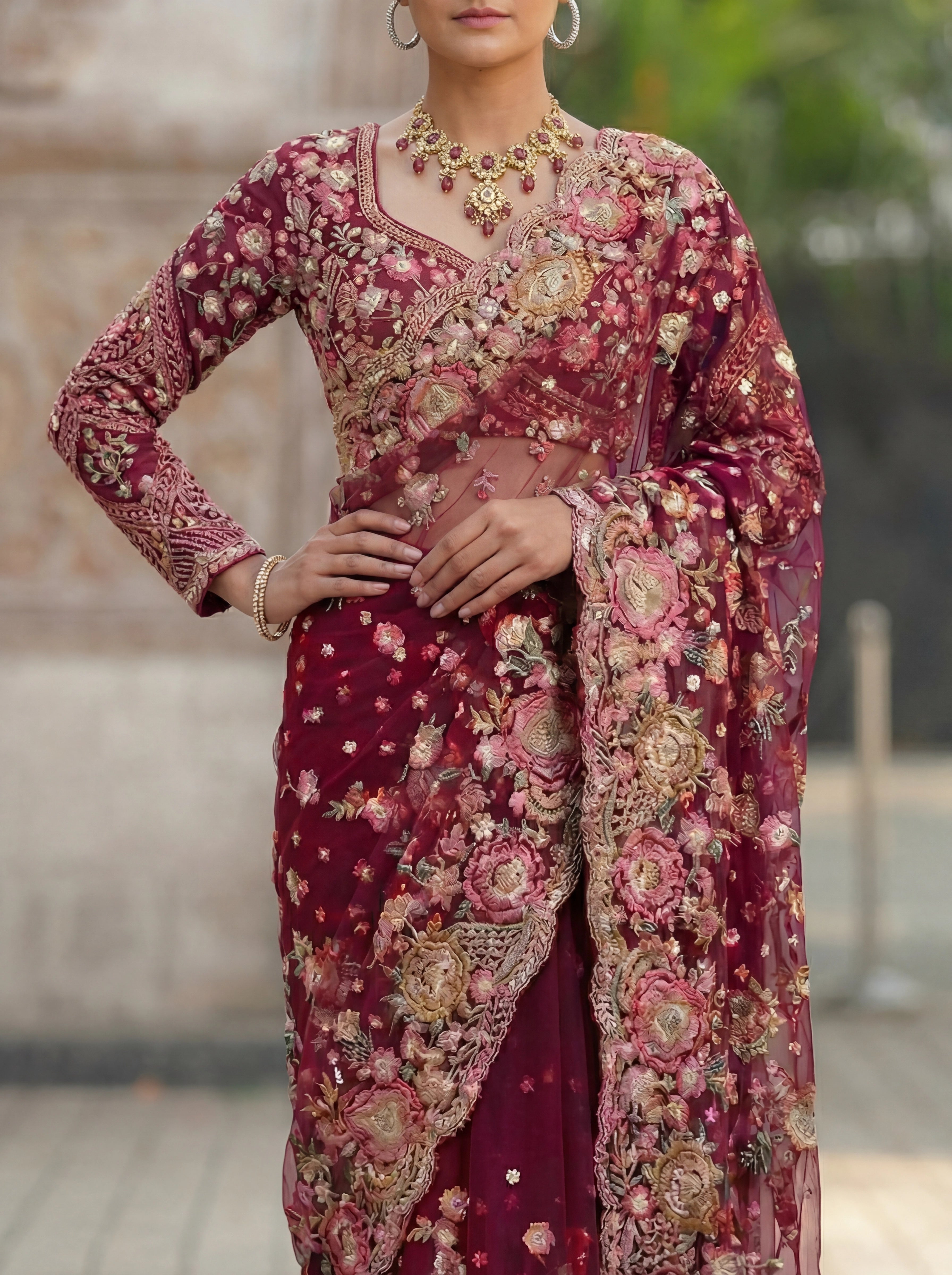 Magenta Net Floral Embroidery Sequins Beads Bridal Saree