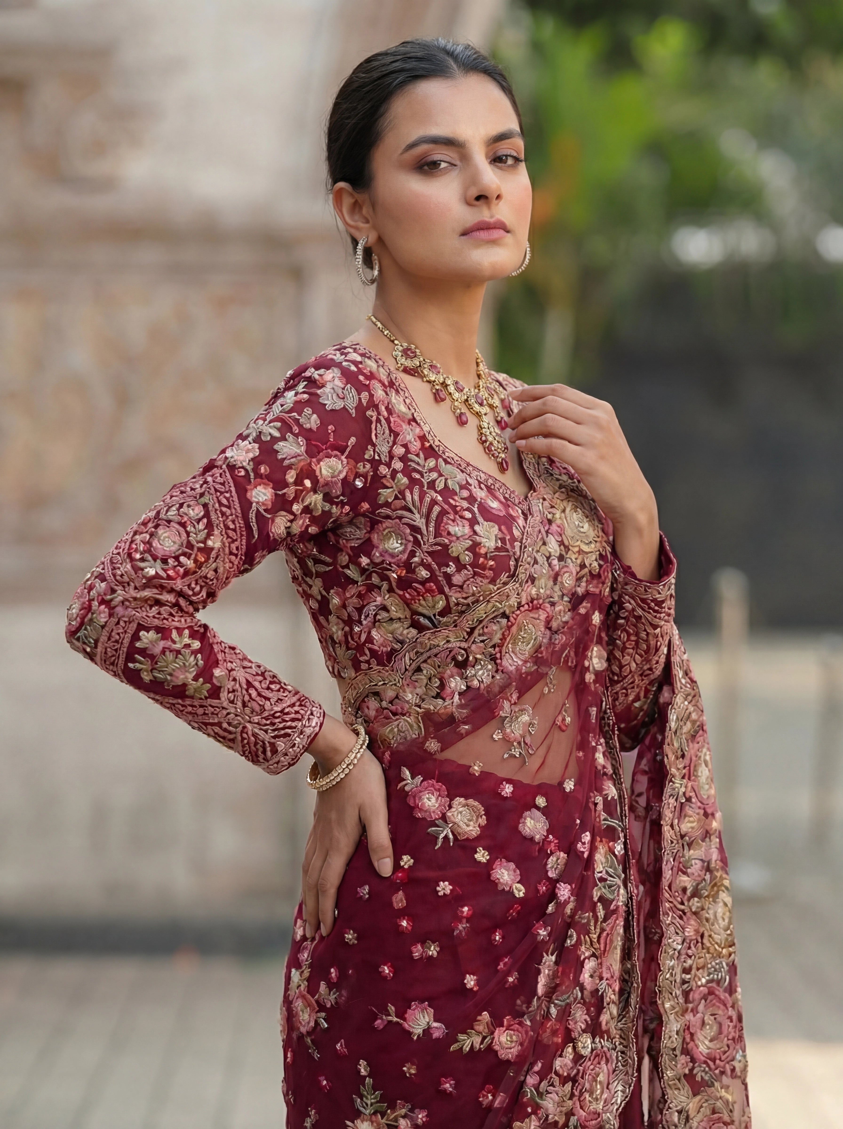 Magenta Net Floral Embroidery Sequins Beads Bridal Saree