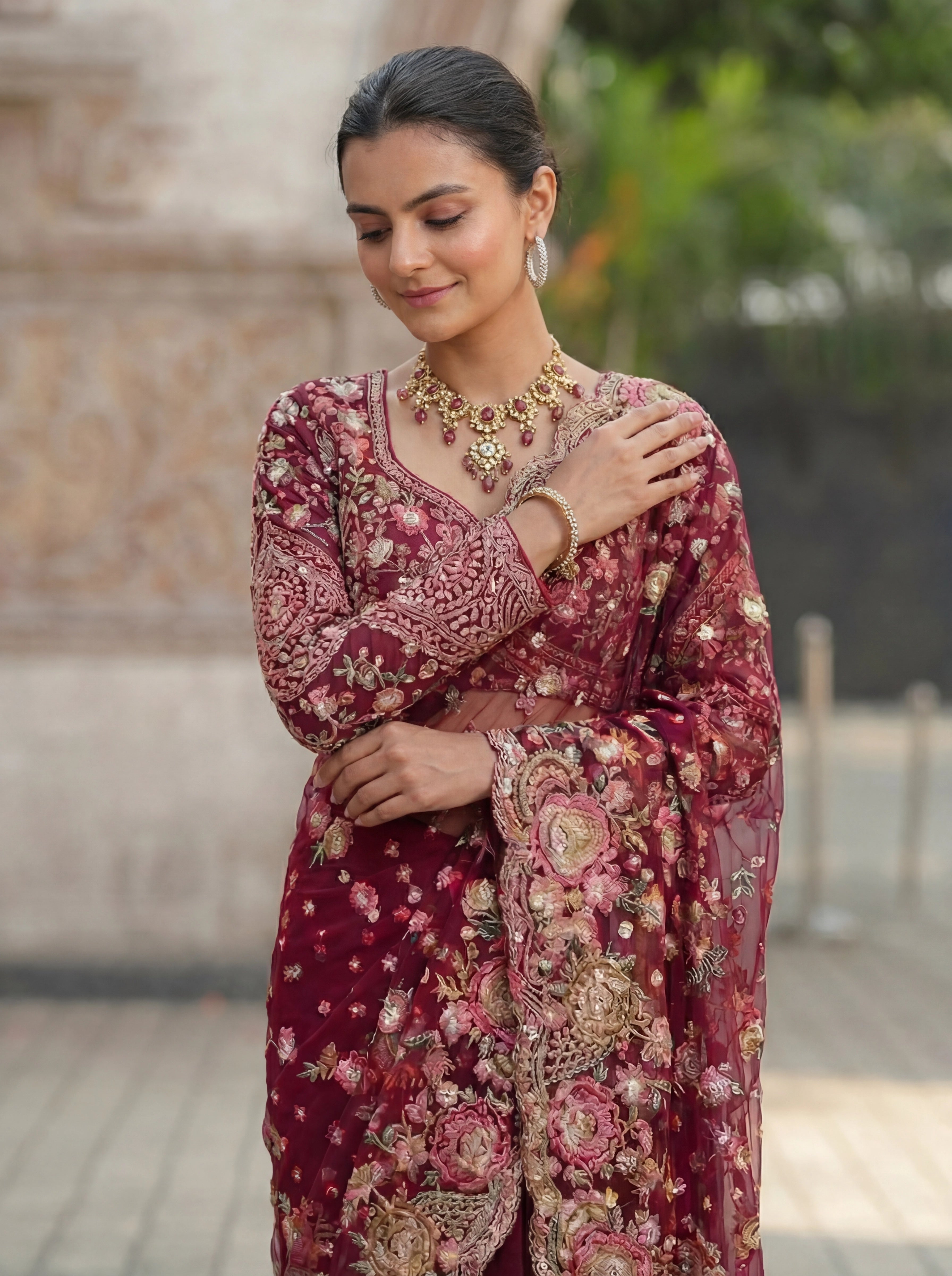 Magenta Net Floral Embroidery Sequins Beads Bridal Saree