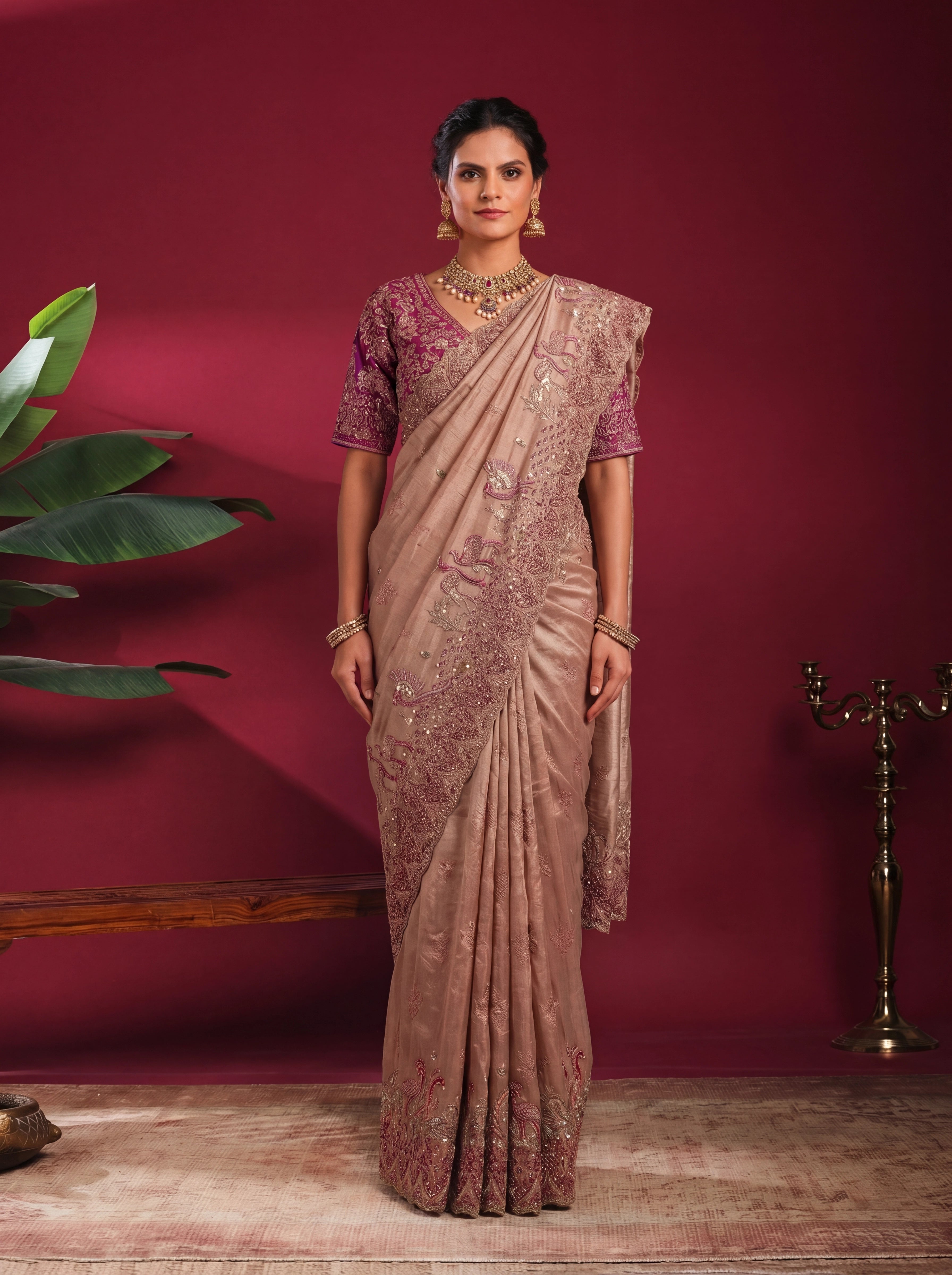 Champagne Gold Tissue Embroidery Sequins Stone Bridal Saree