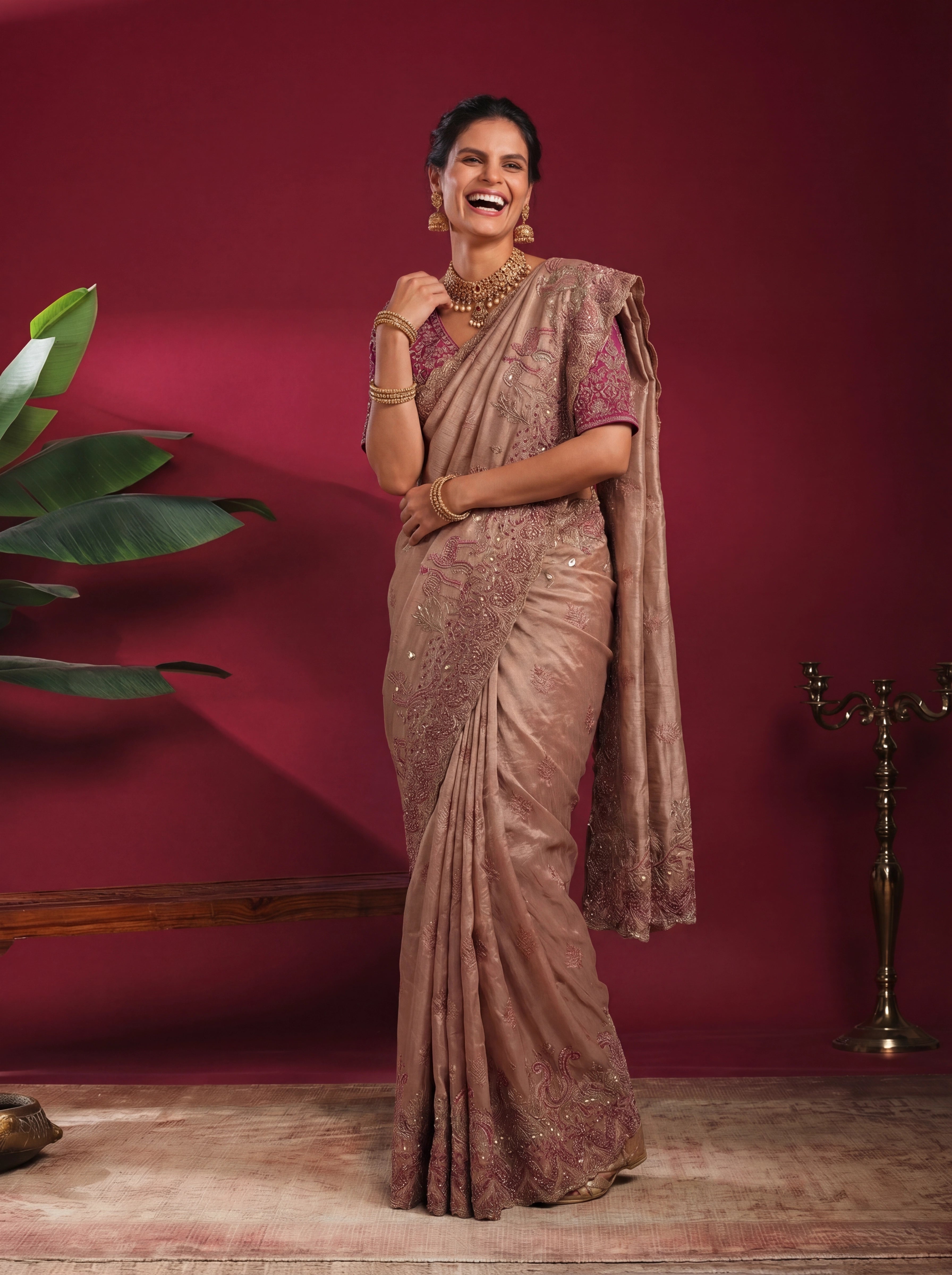 Champagne Gold Tissue Embroidery Sequins Stone Bridal Saree