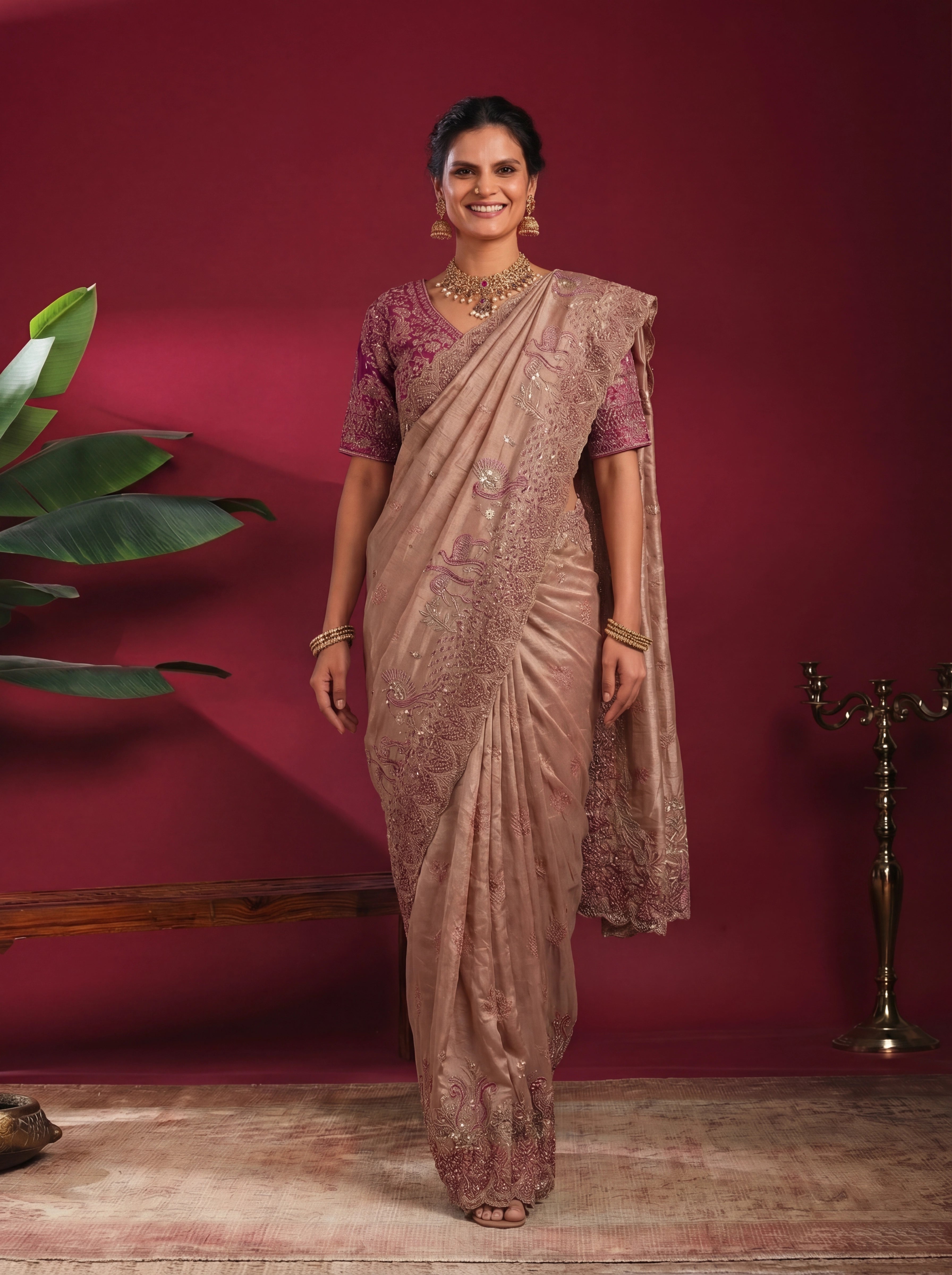 Champagne Gold Tissue Embroidery Sequins Stone Bridal Saree