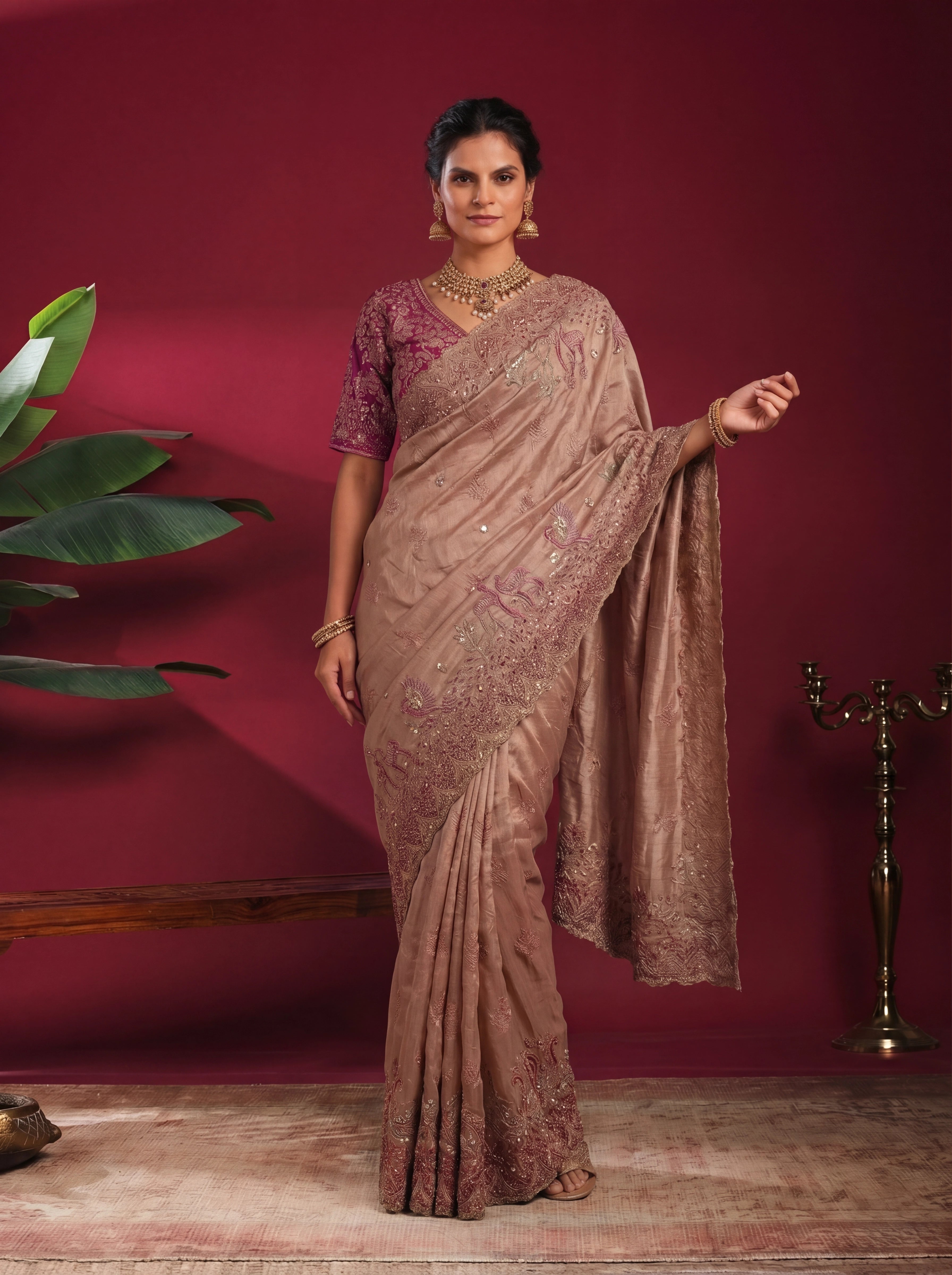 Champagne Gold Tissue Embroidery Sequins Stone Bridal Saree