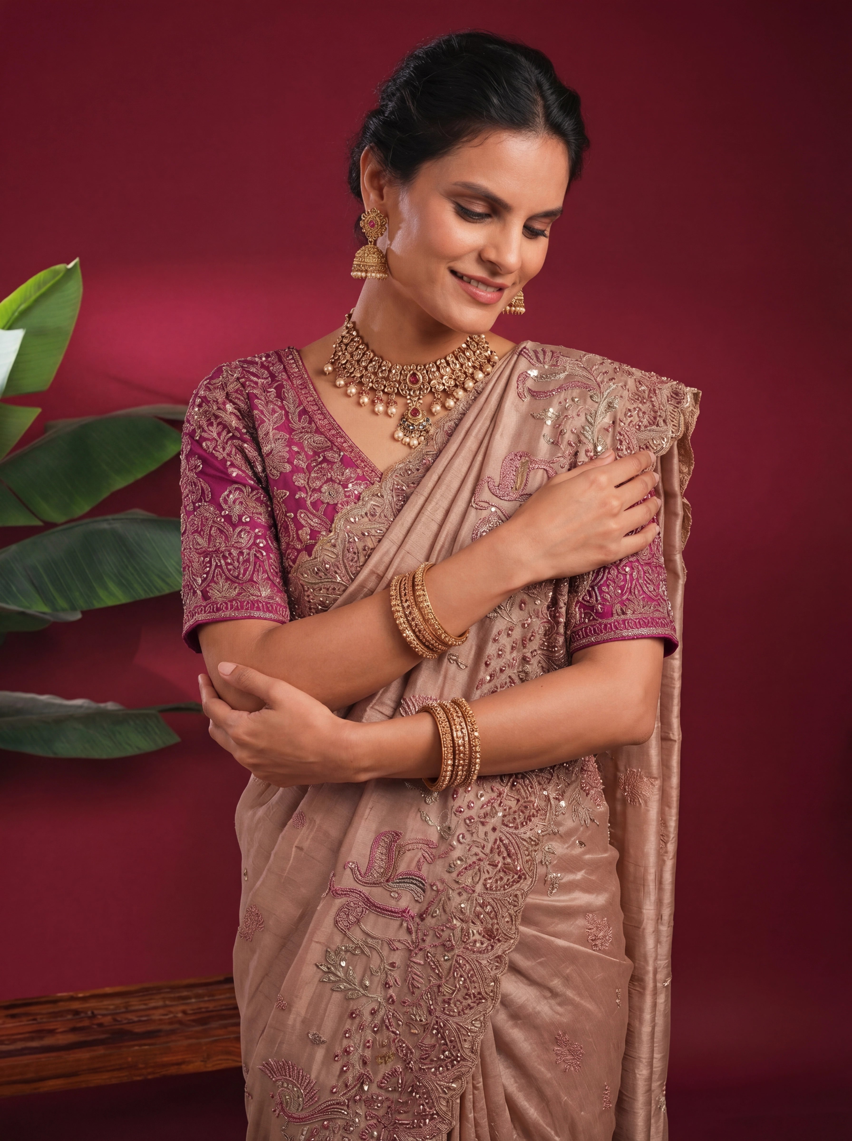 Champagne Gold Tissue Embroidery Sequins Stone Bridal Saree
