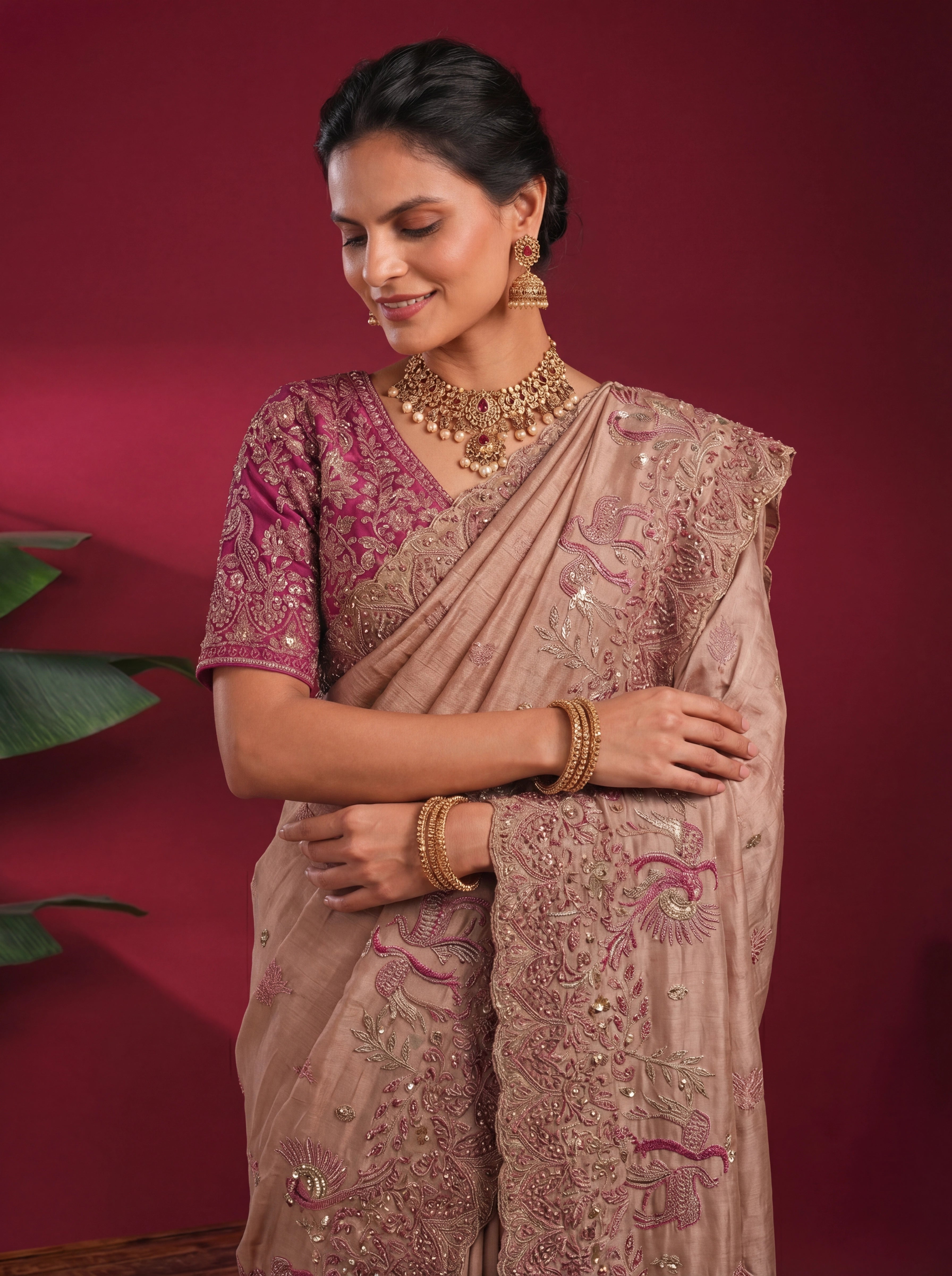 Champagne Gold Tissue Embroidery Sequins Stone Bridal Saree