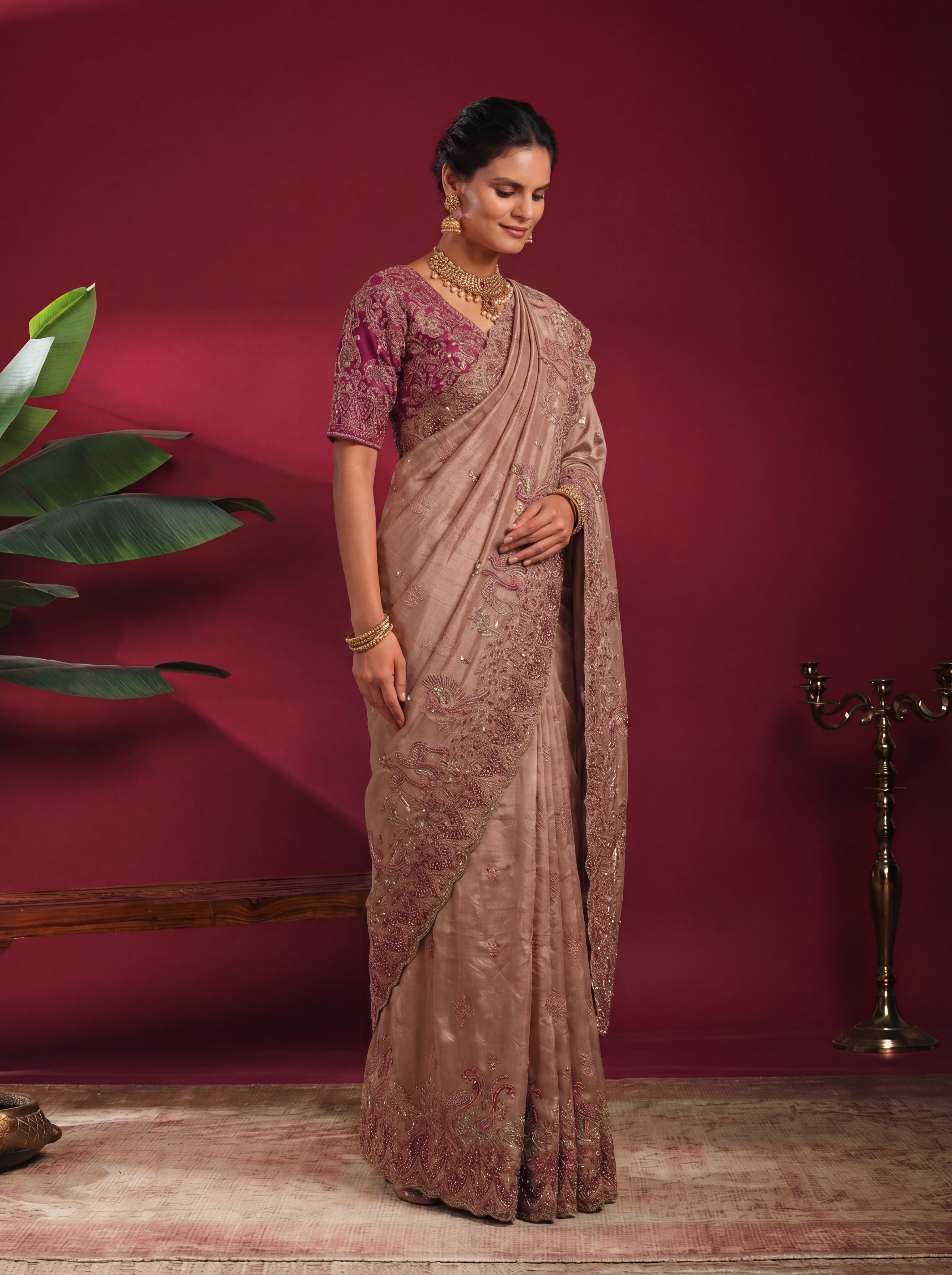 Champagne Gold Tissue Embroidery Sequins Stone Bridal Saree