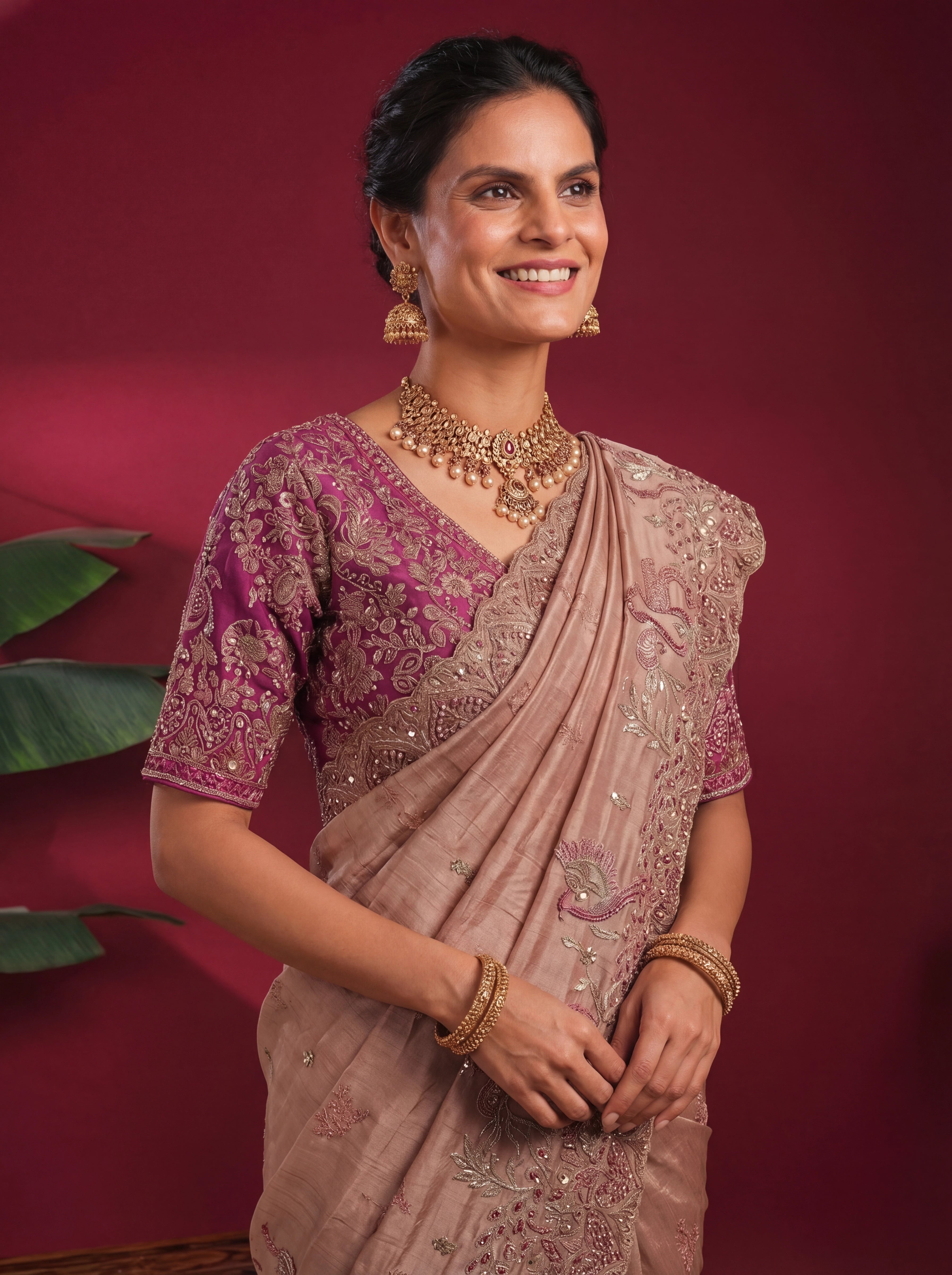 Champagne Gold Tissue Embroidery Sequins Stone Bridal Saree