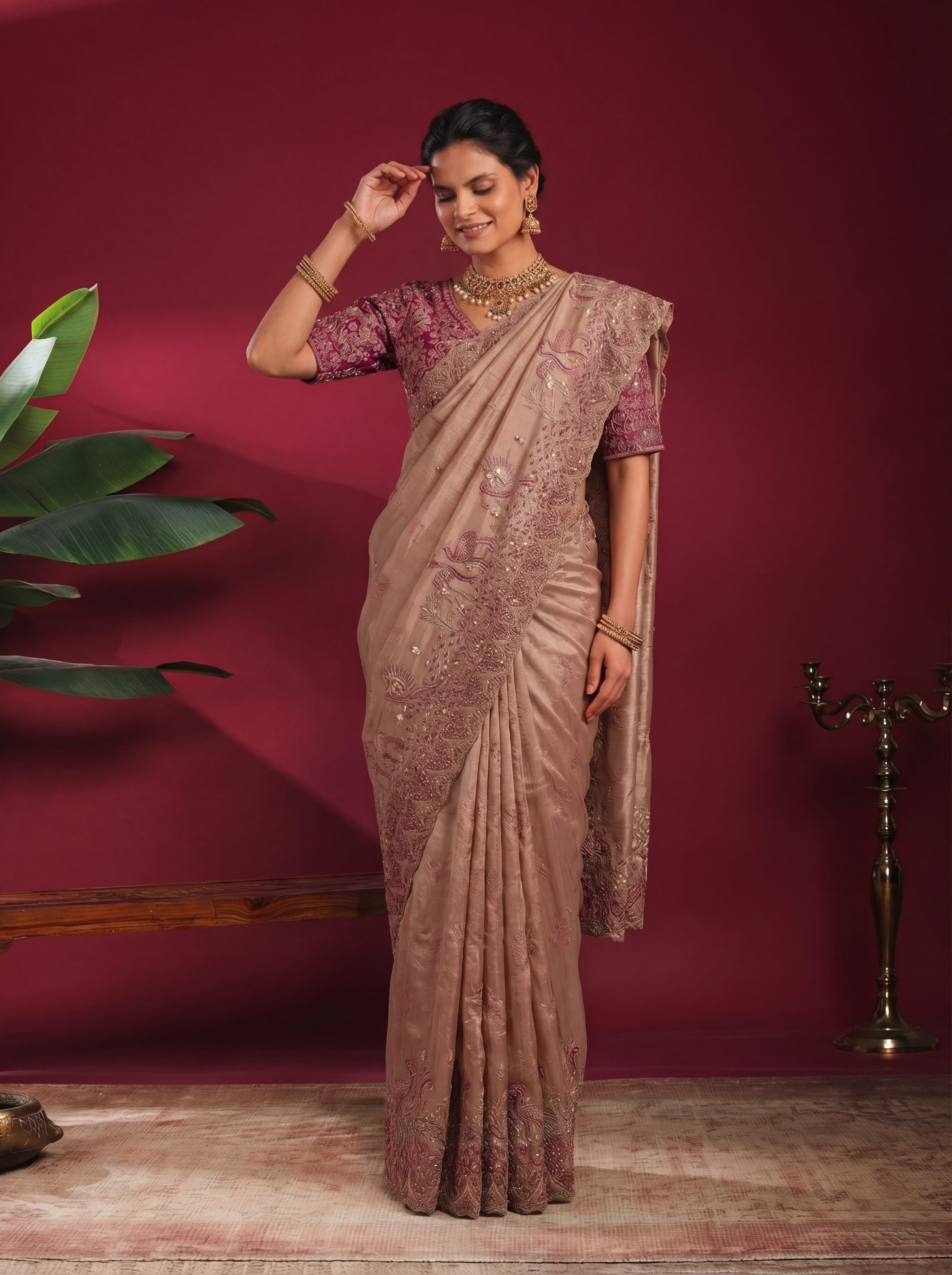 Champagne Gold Tissue Embroidery Sequins Stone Bridal Saree