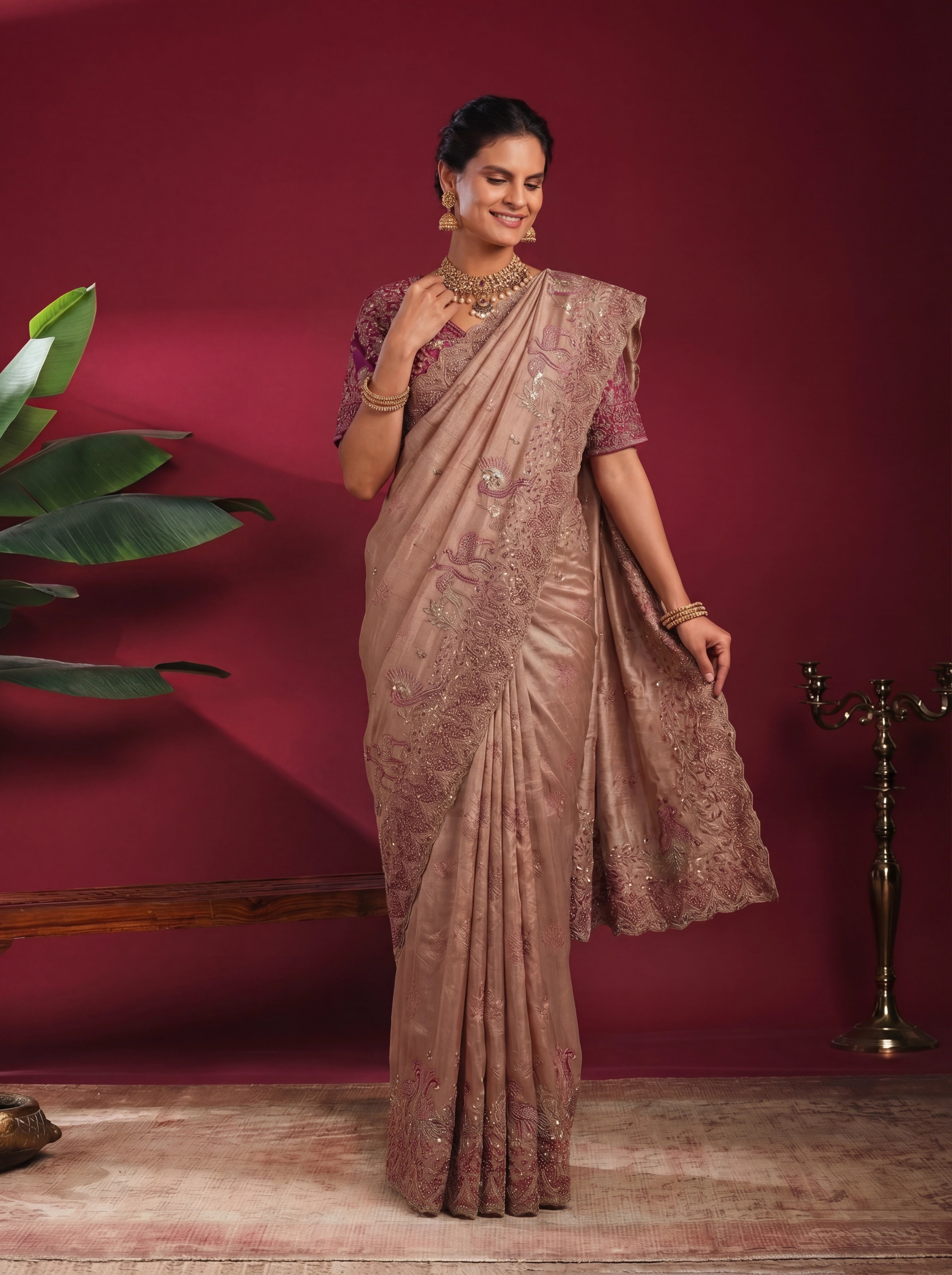 Champagne Gold Tissue Embroidery Sequins Stone Bridal Saree