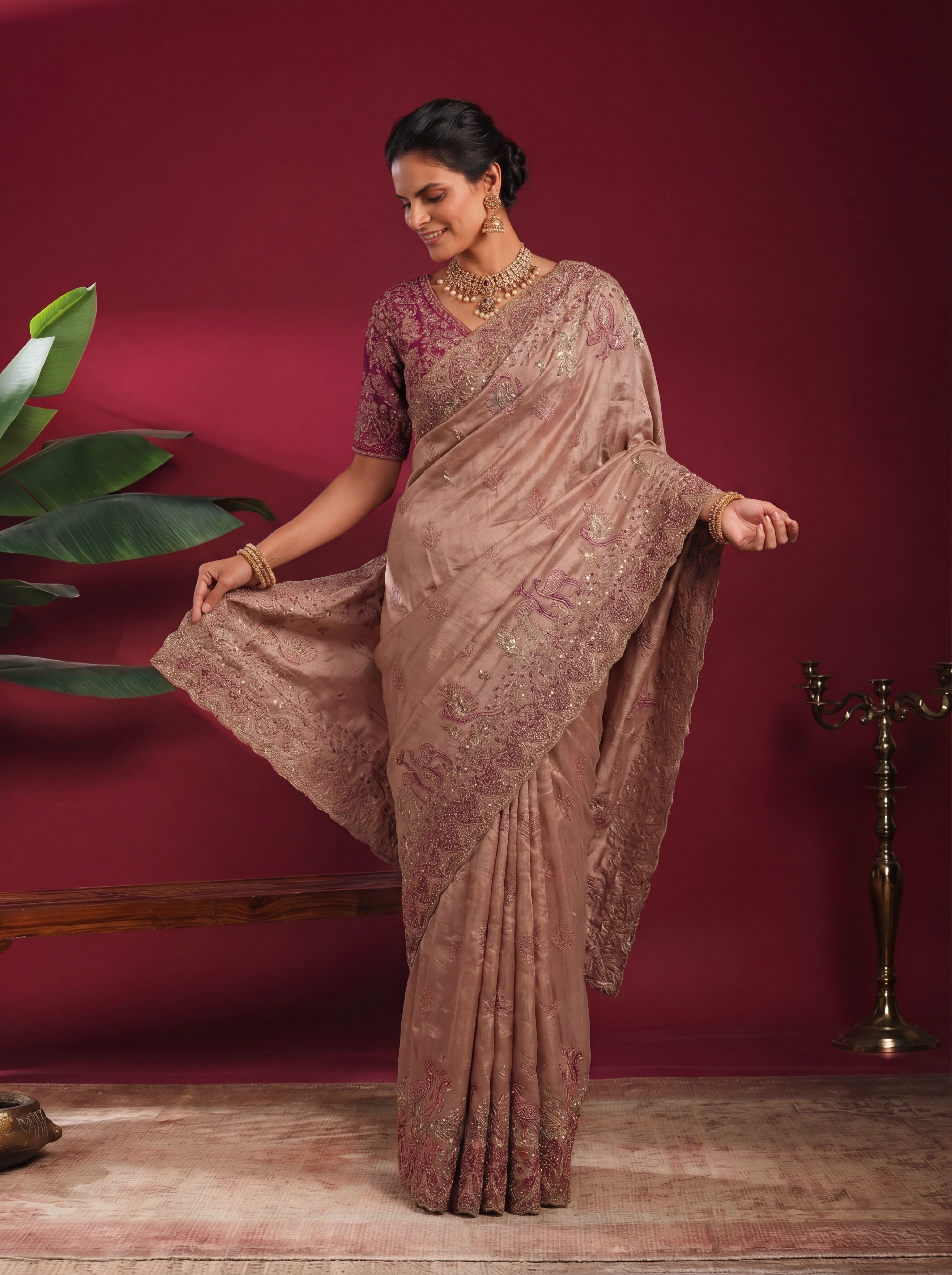 Champagne Gold Tissue Embroidery Sequins Stone Bridal Saree