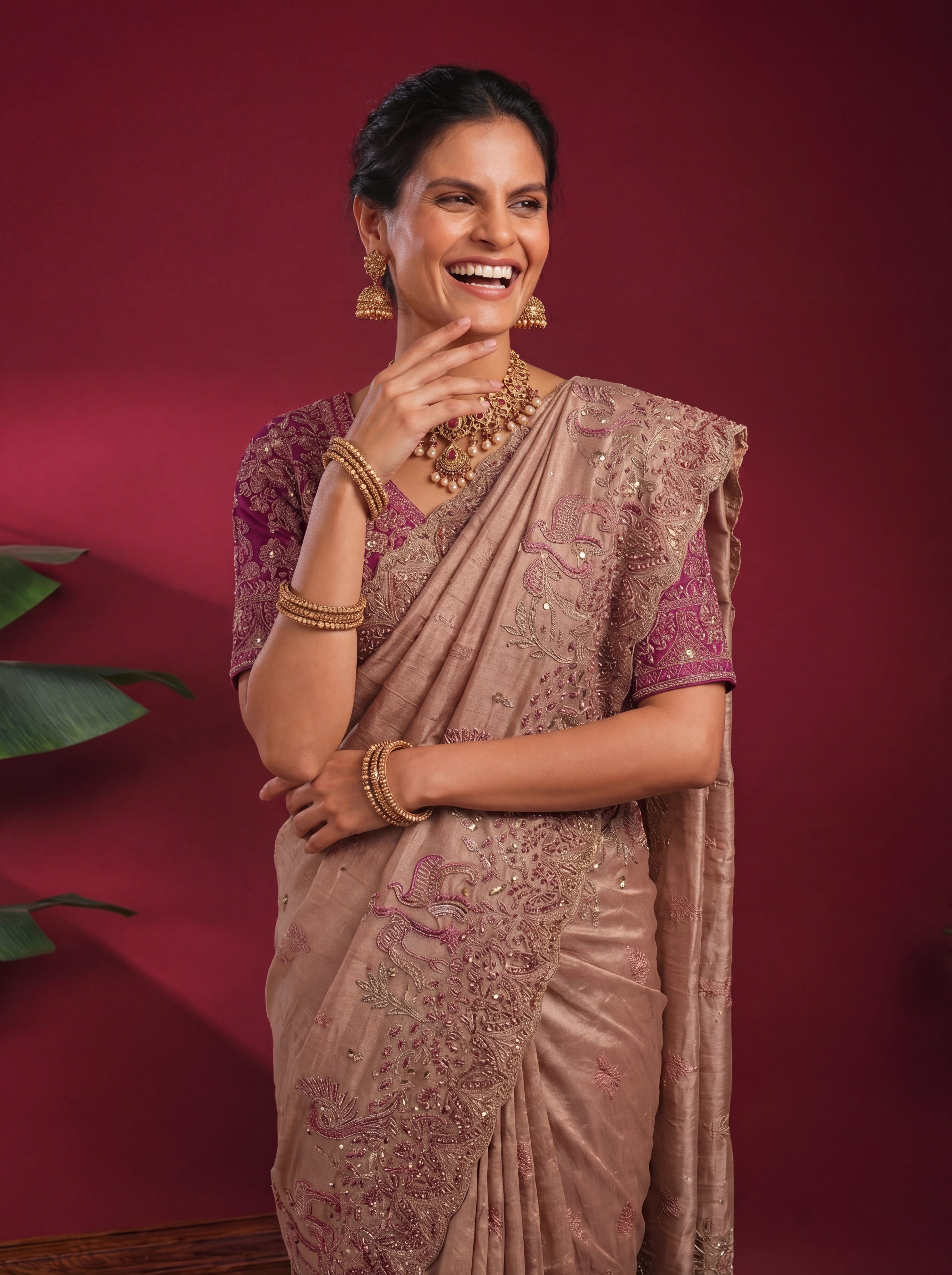 Champagne Gold Tissue Embroidery Sequins Stone Bridal Saree