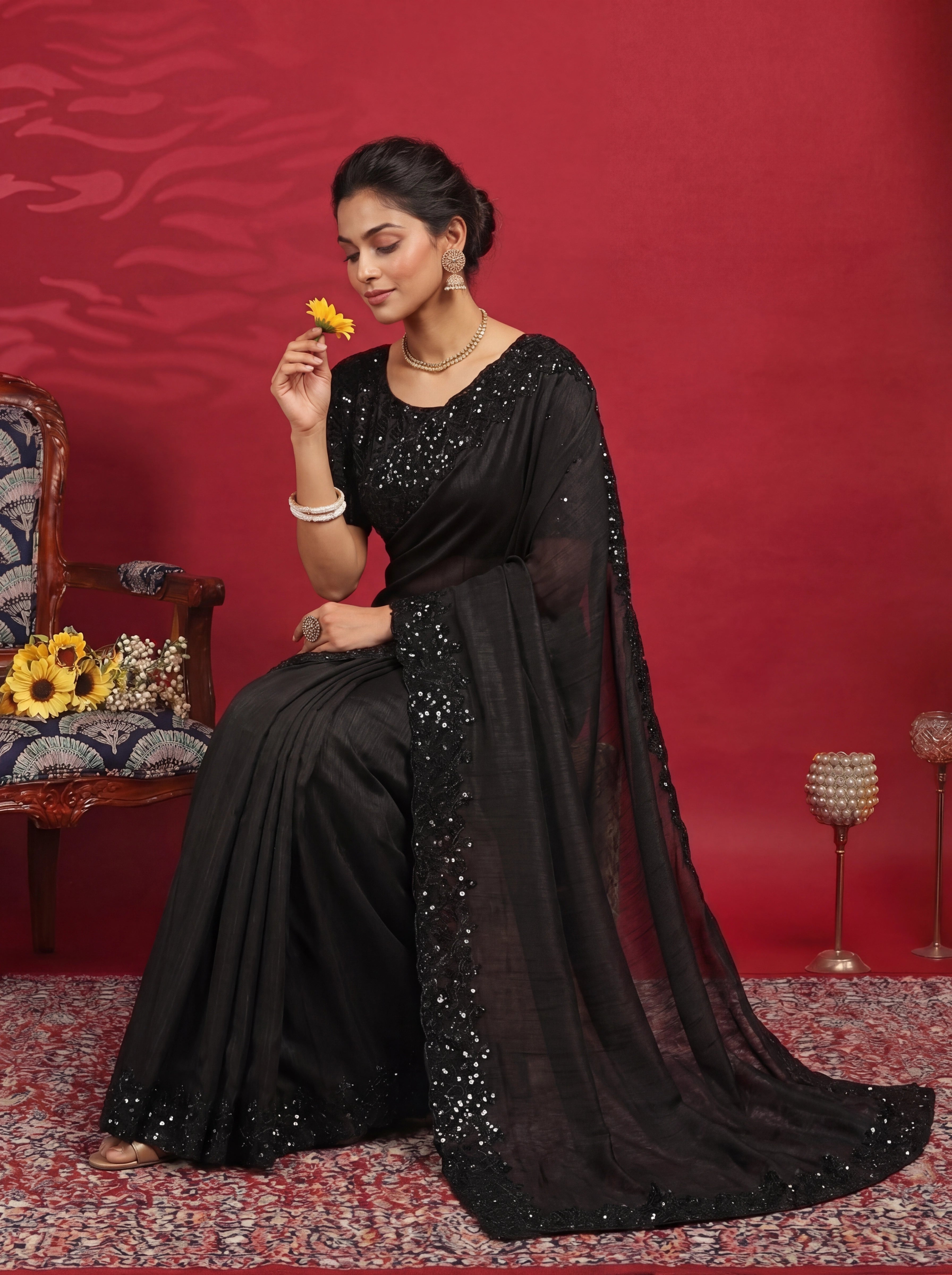 Jet Black Fendi Embroidery Sequins Beads Bridal Saree