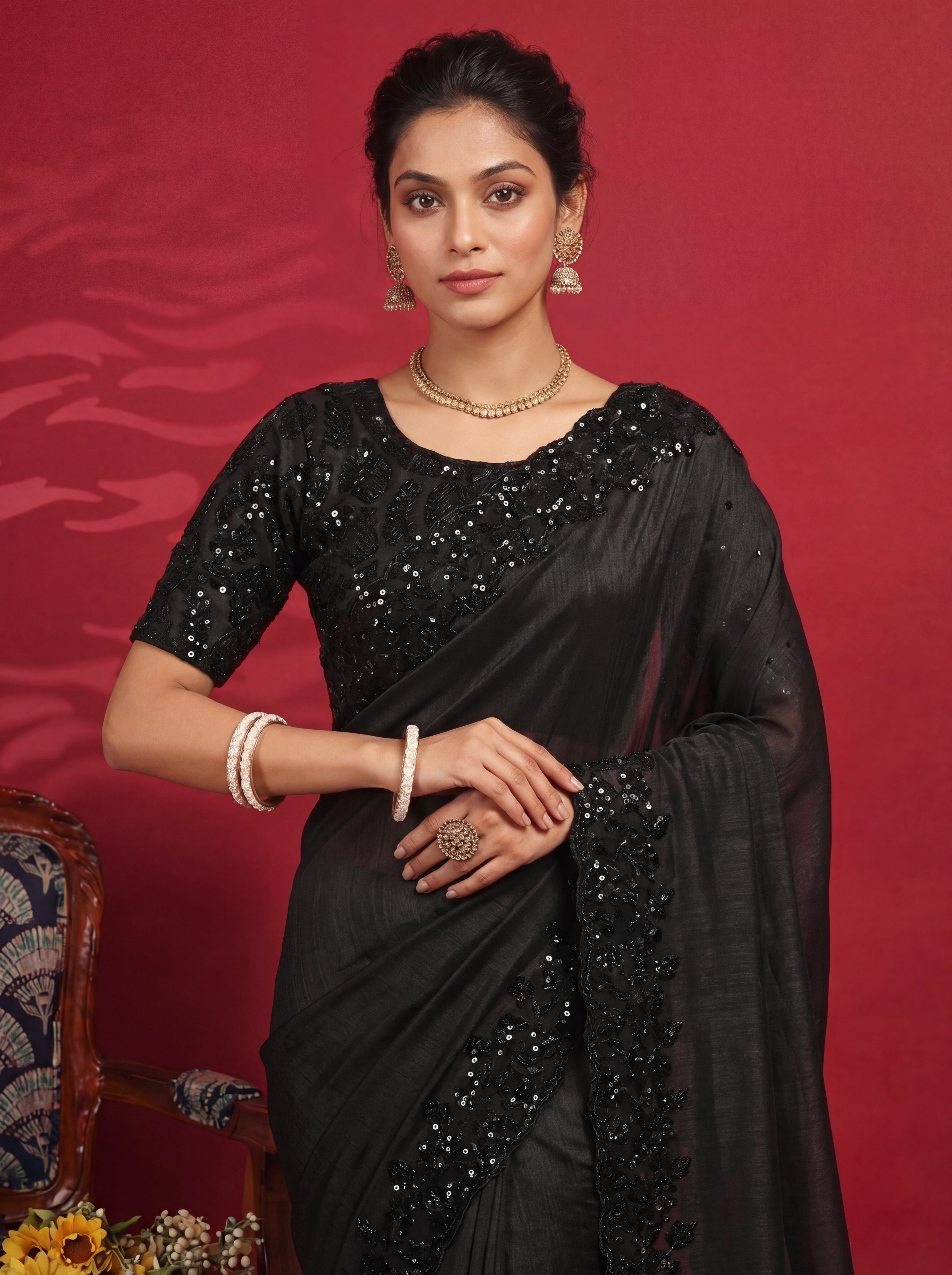 Jet Black Fendi Embroidery Sequins Beads Bridal Saree