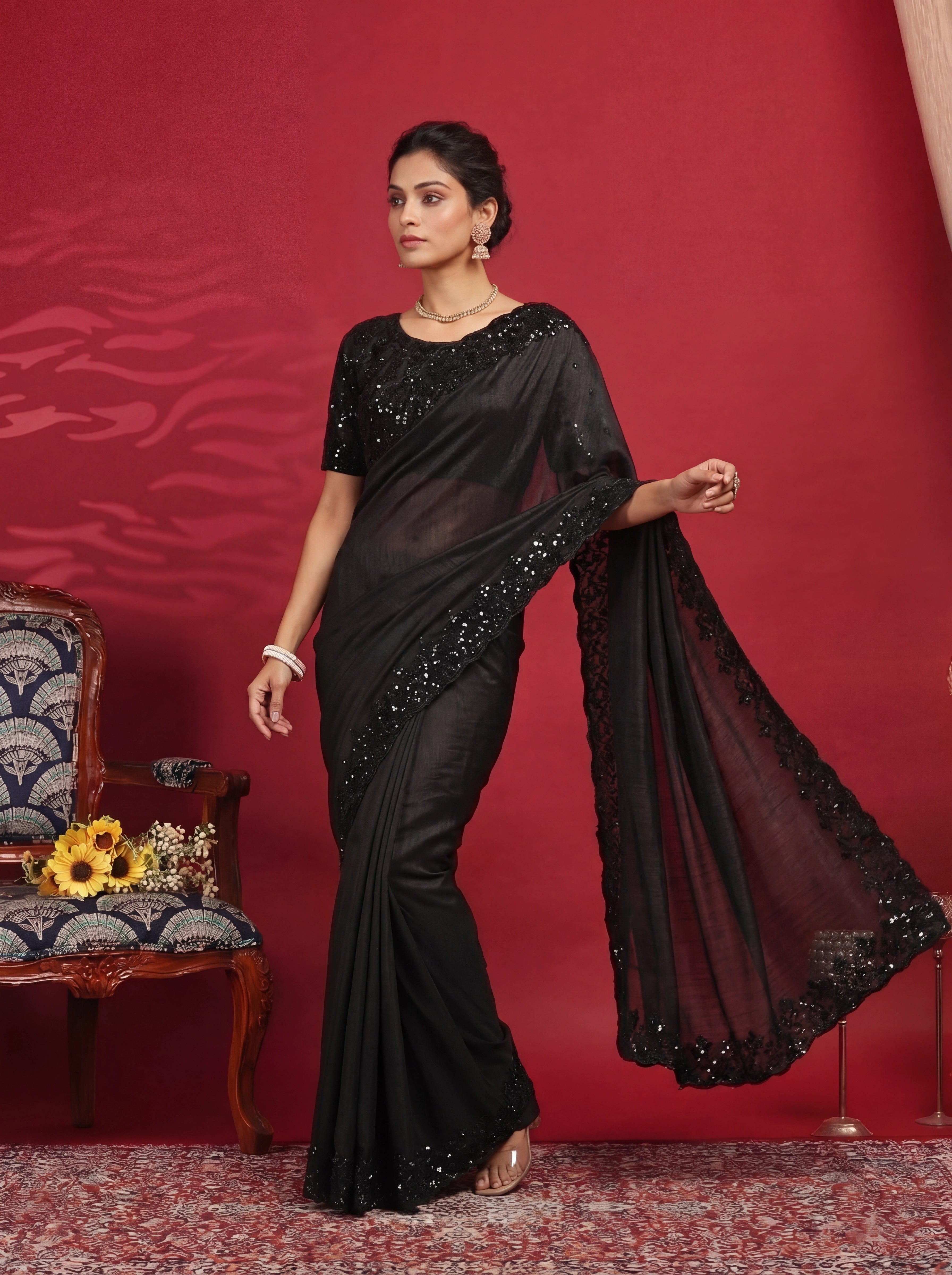 Jet Black Fendi Embroidery Sequins Beads Bridal Saree