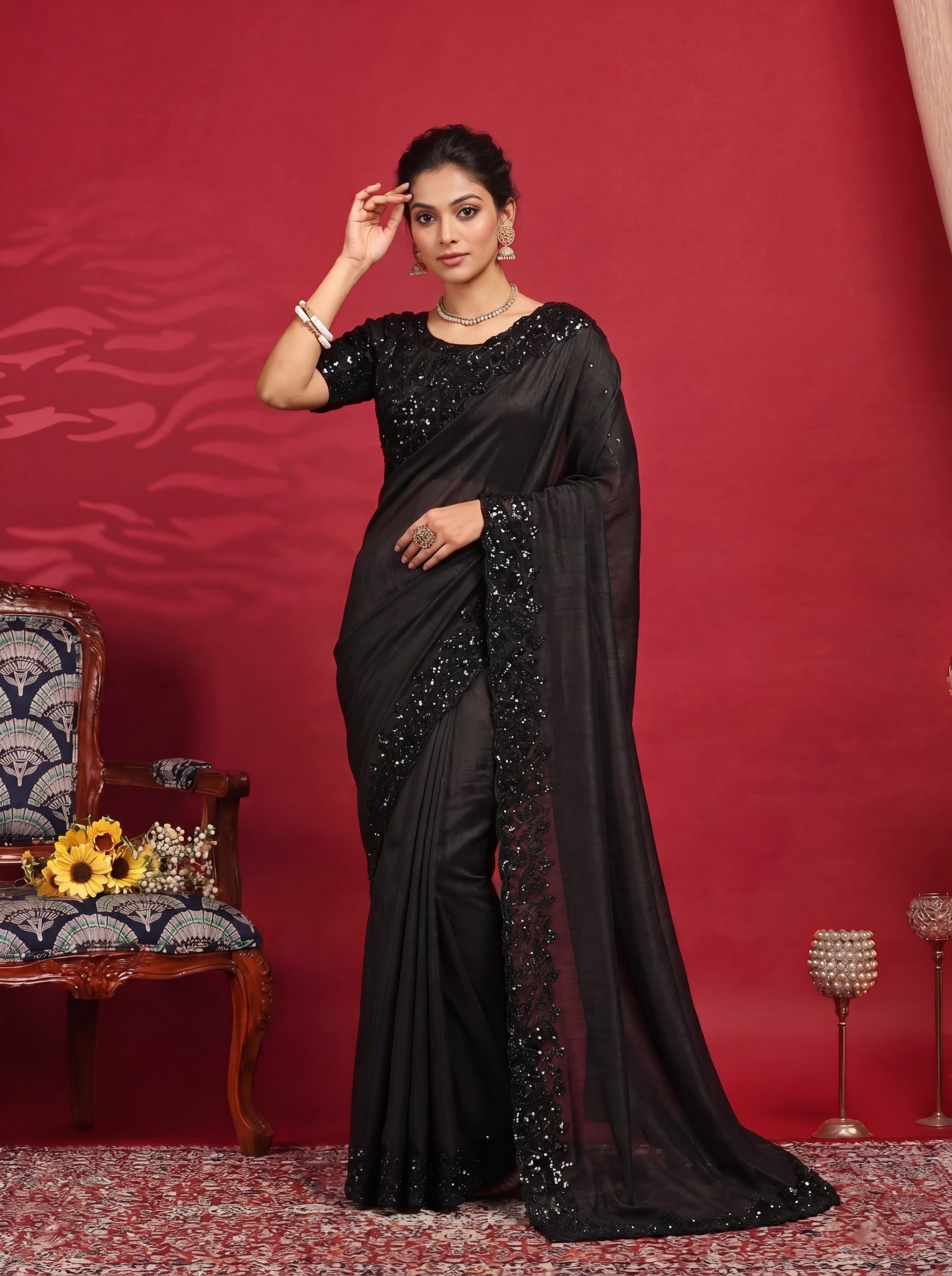 Jet Black Fendi Embroidery Sequins Beads Bridal Saree