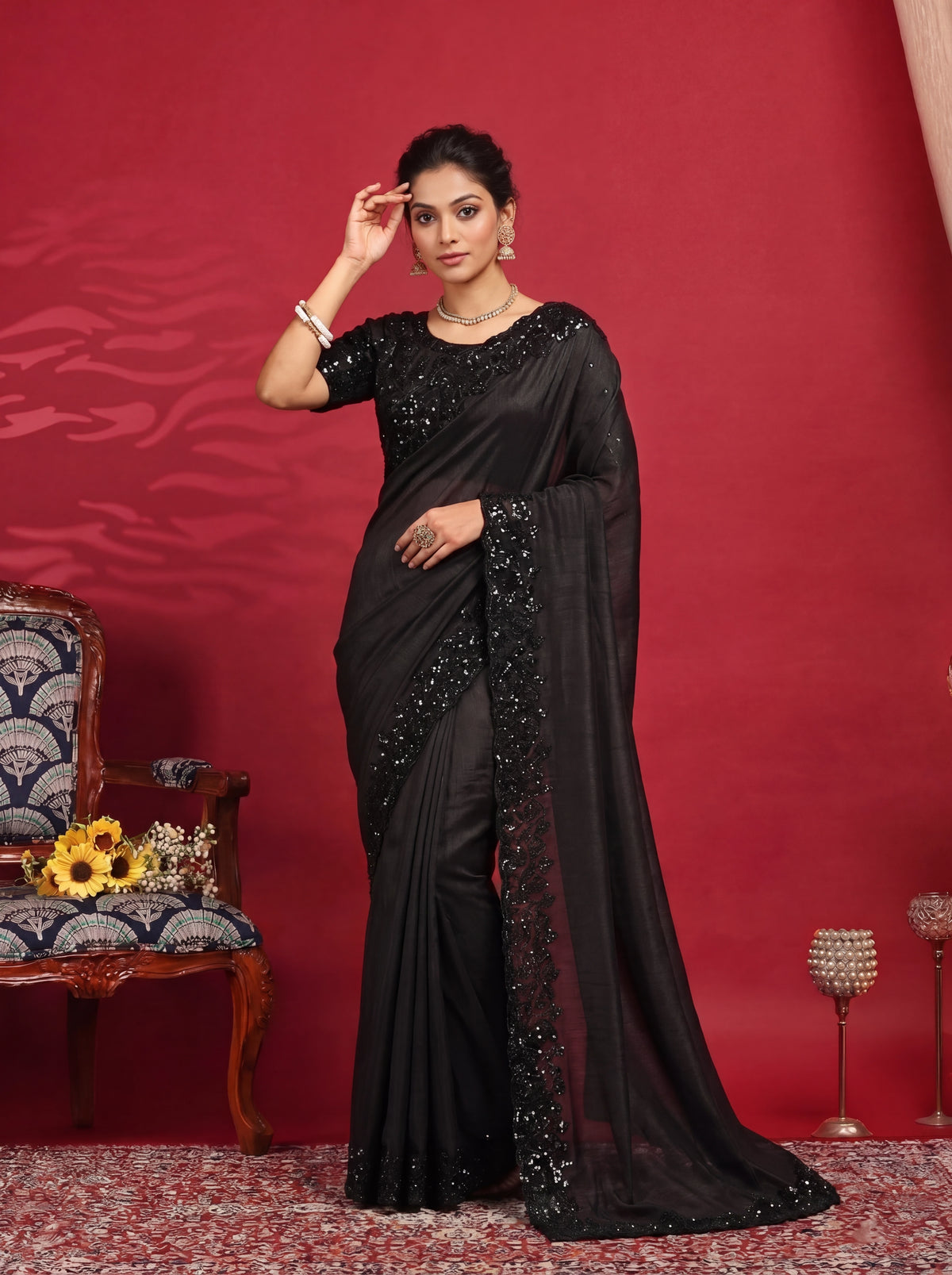 Jet Black Fendi Embroidery Sequins Beads Bridal Saree