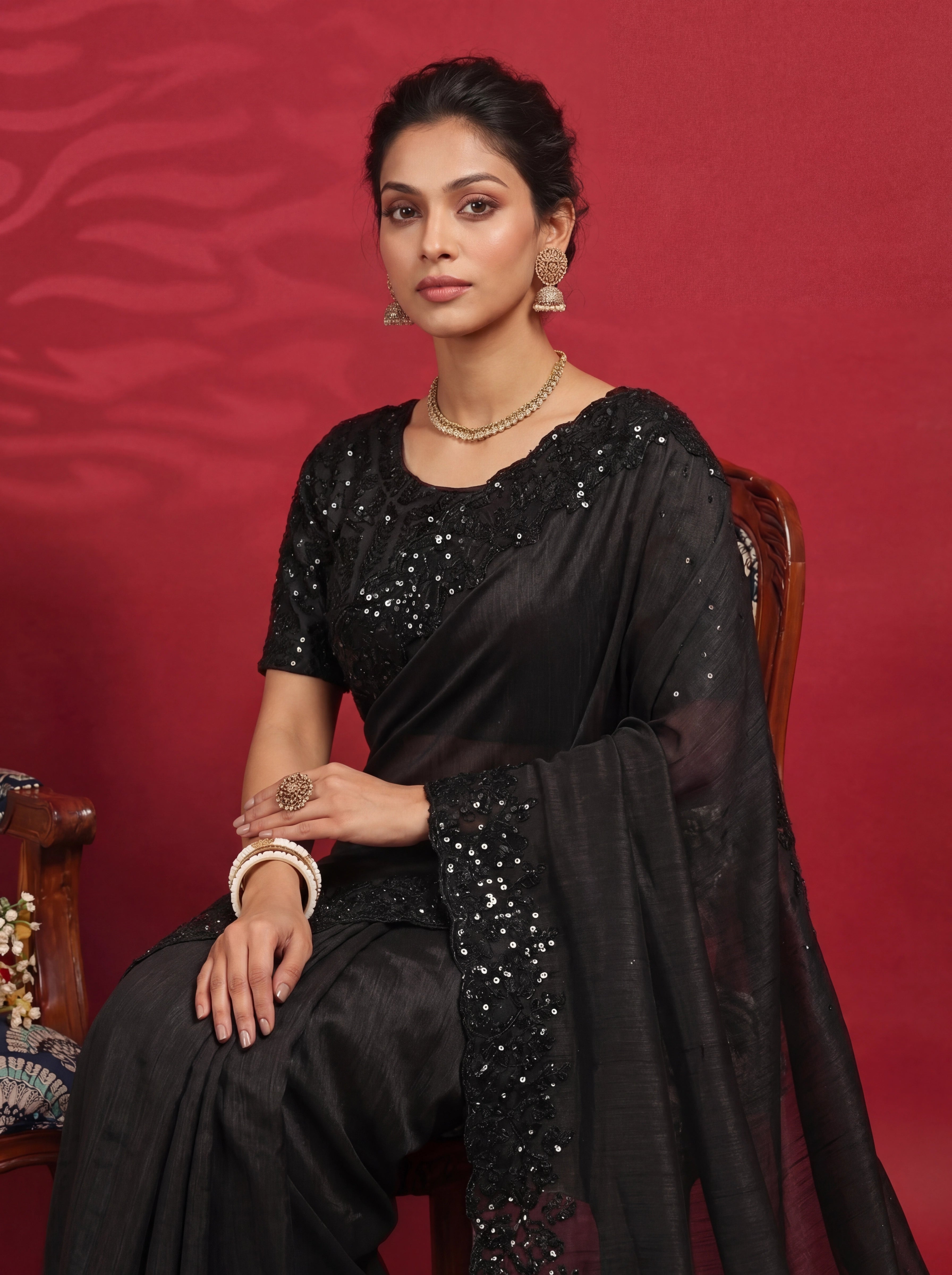 Jet Black Fendi Embroidery Sequins Beads Bridal Saree