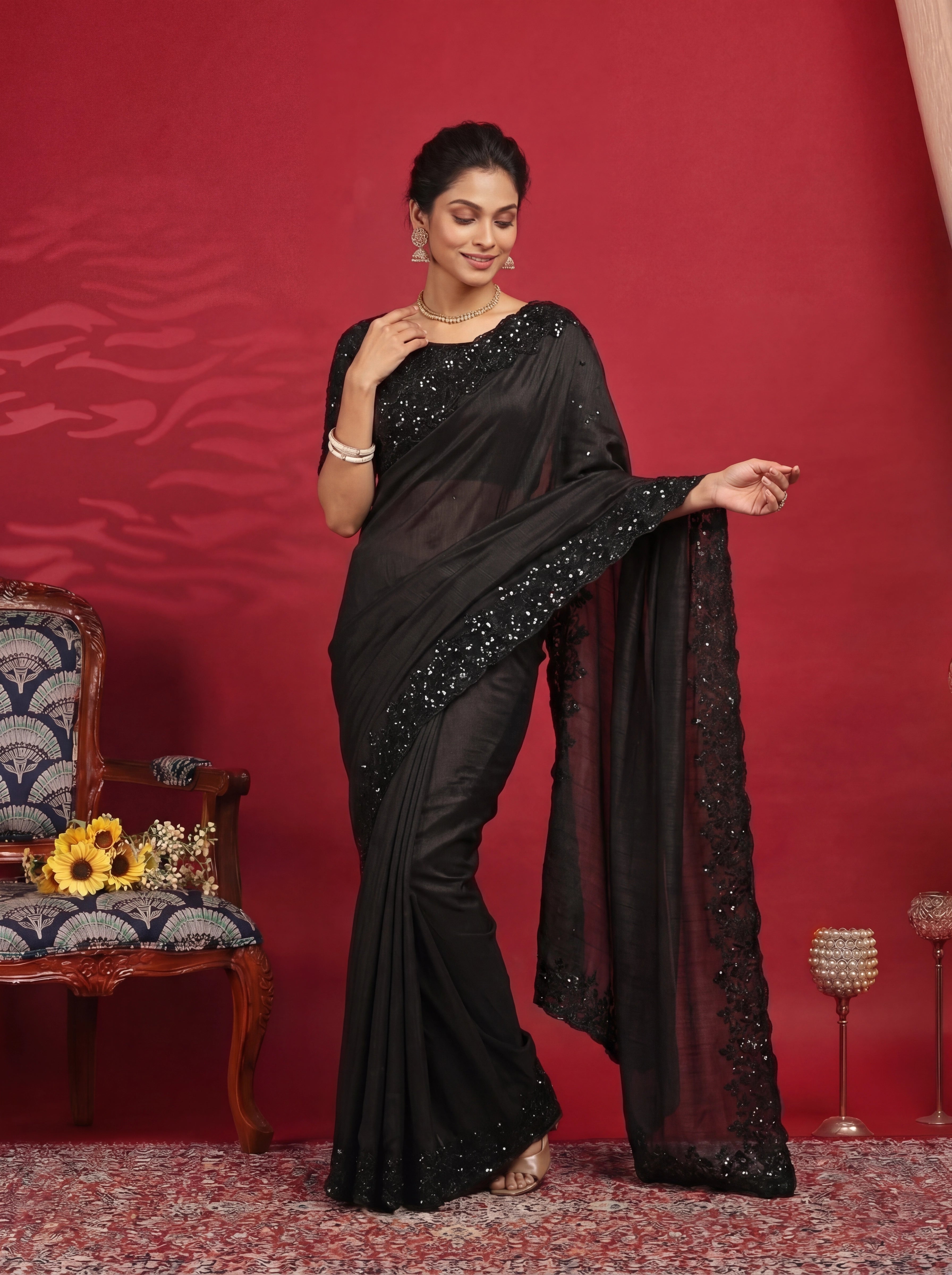 Jet Black Fendi Embroidery Sequins Beads Bridal Saree