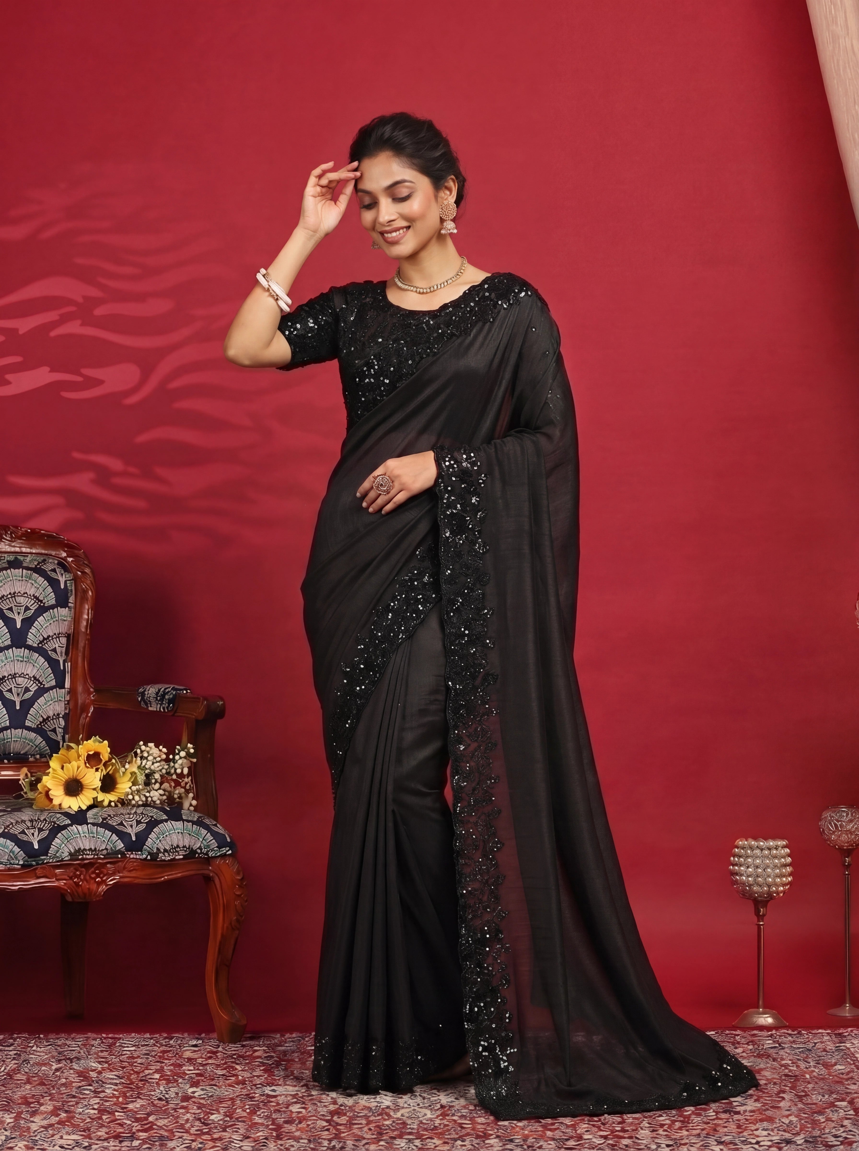 Jet Black Fendi Embroidery Sequins Beads Bridal Saree