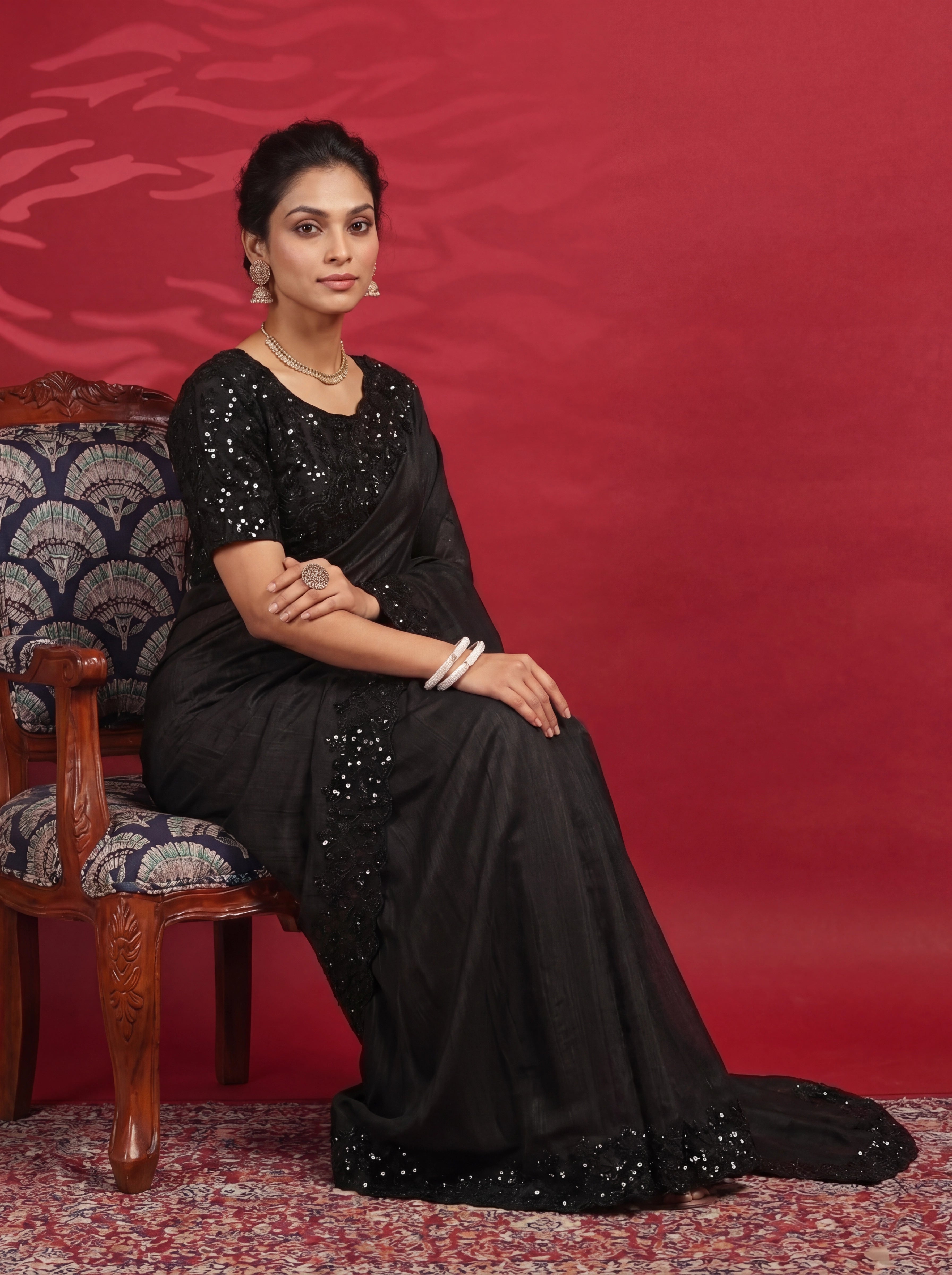 Jet Black Fendi Embroidery Sequins Beads Bridal Saree