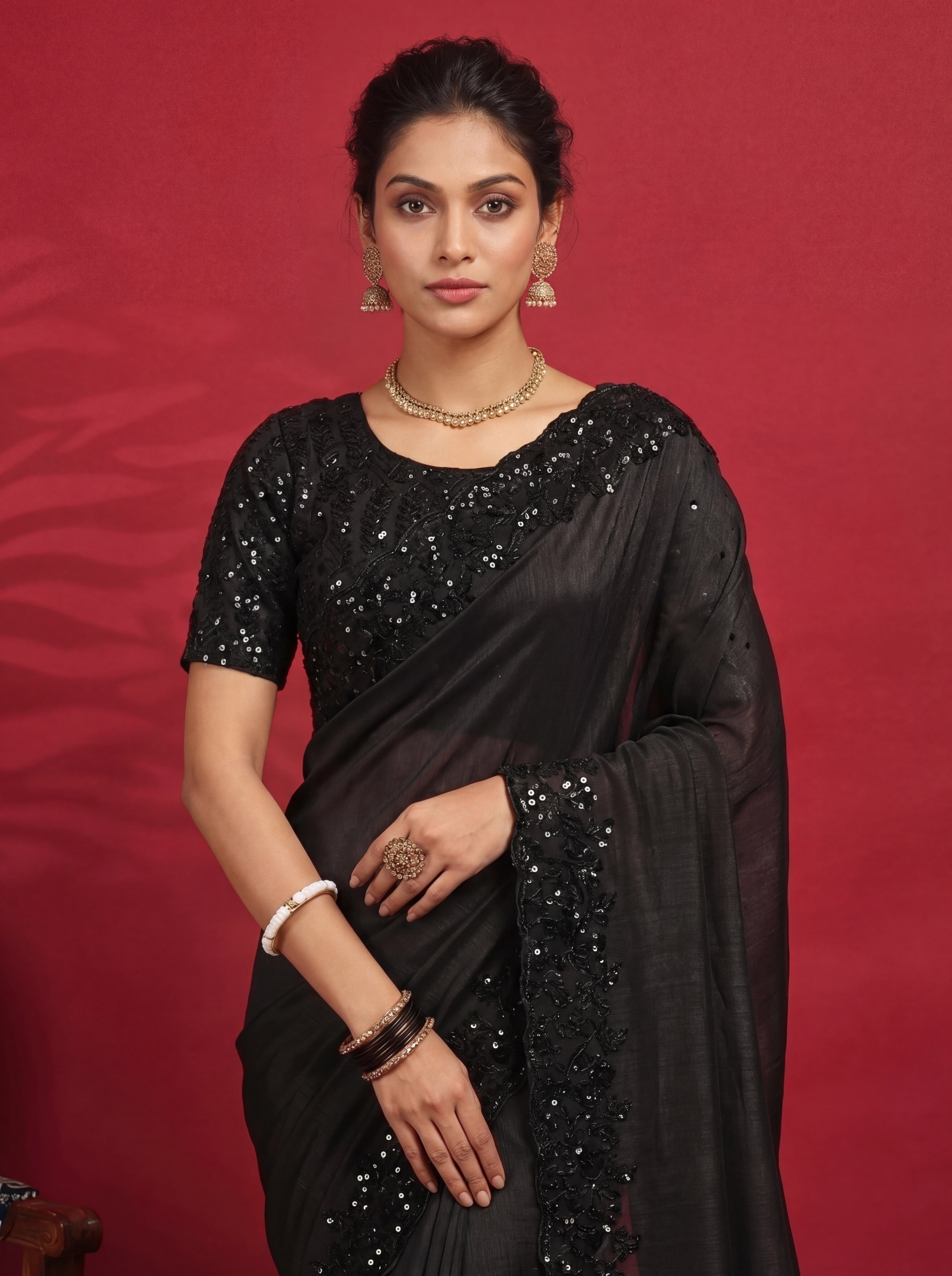 Jet Black Fendi Embroidery Sequins Beads Bridal Saree