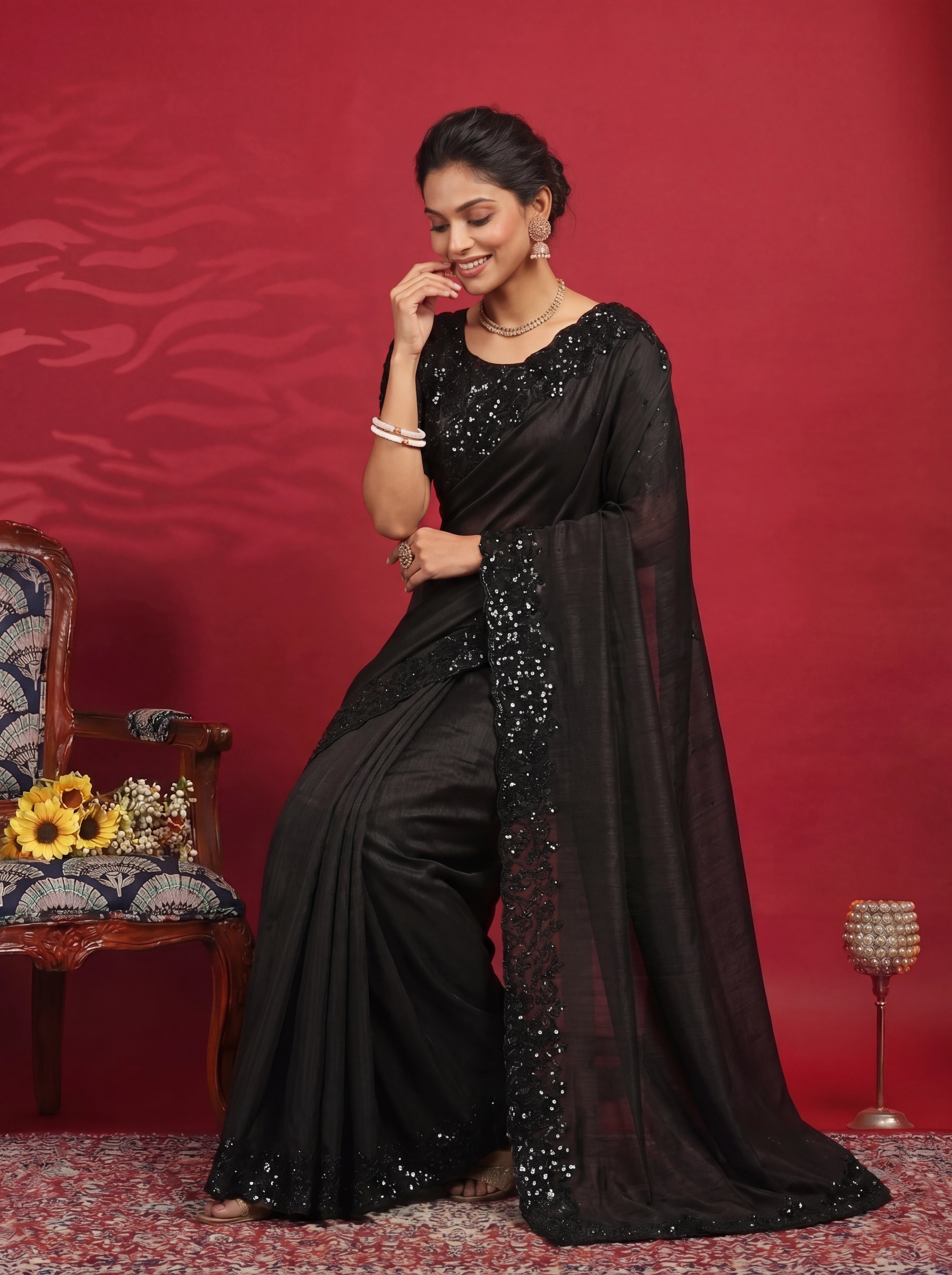 Jet Black Fendi Embroidery Sequins Beads Bridal Saree