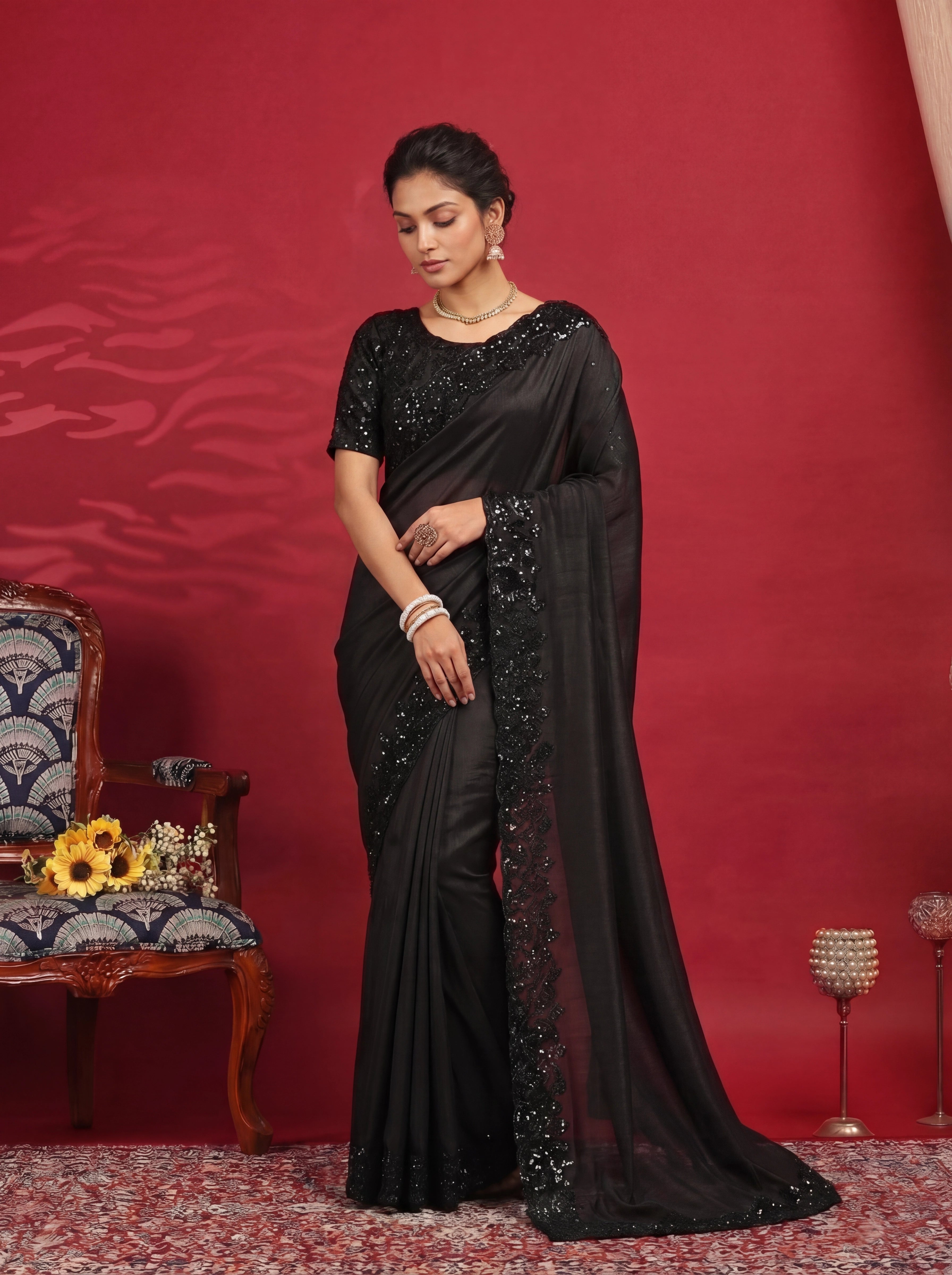 Jet Black Fendi Embroidery Sequins Beads Bridal Saree