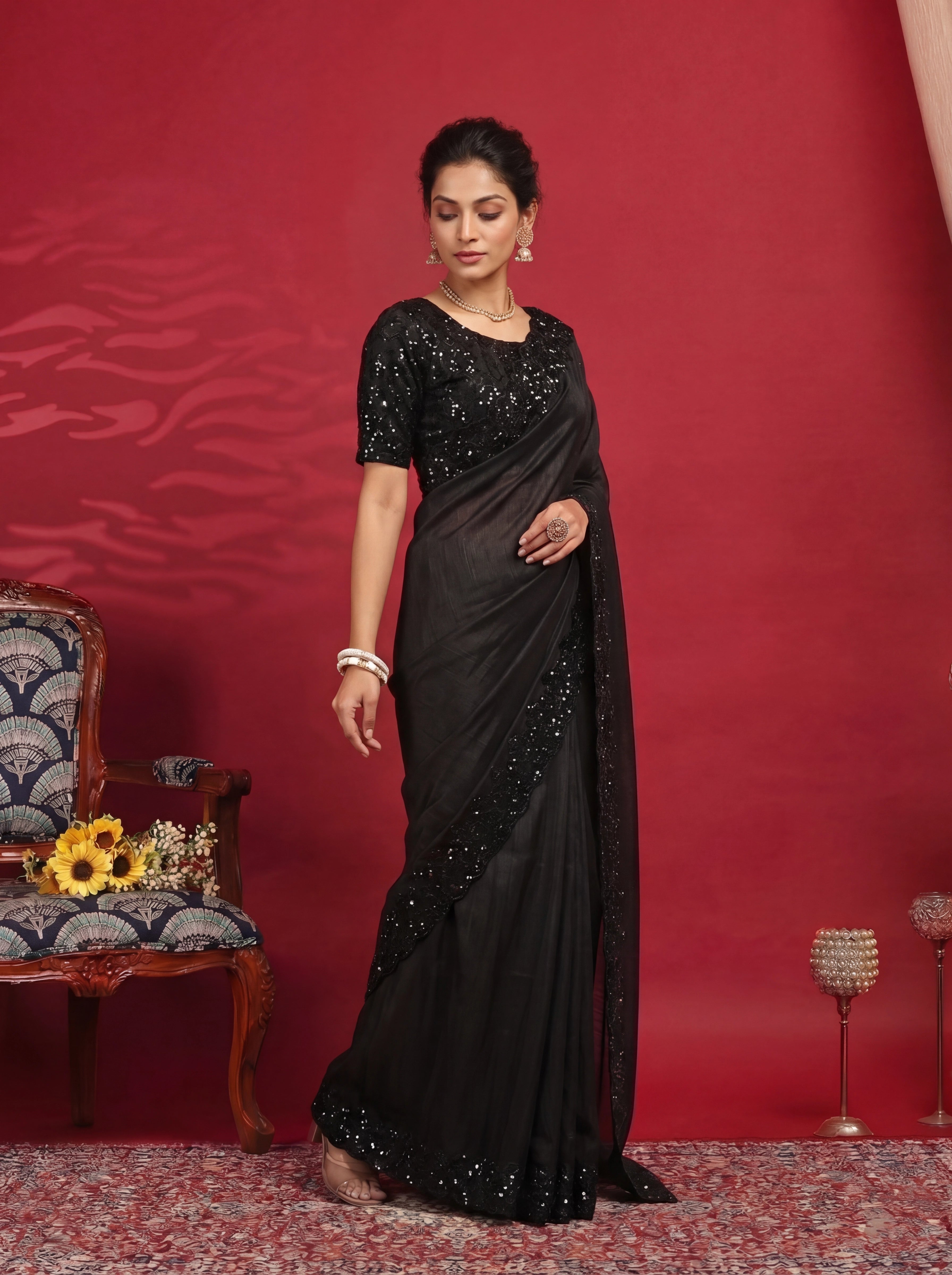 Jet Black Fendi Embroidery Sequins Beads Bridal Saree