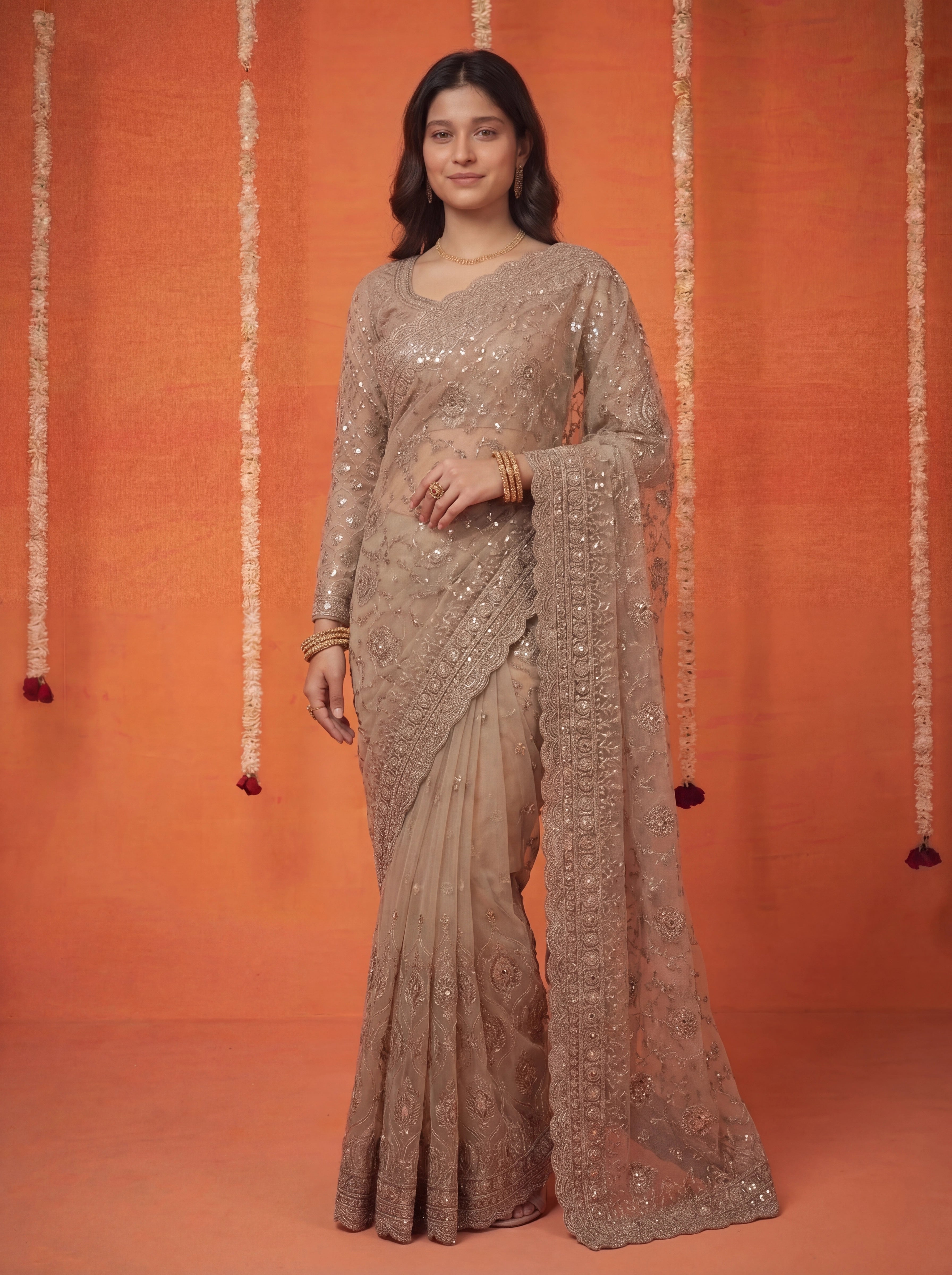 Champagne Gold Net Embroidery Sequins Beads Bridal Saree
