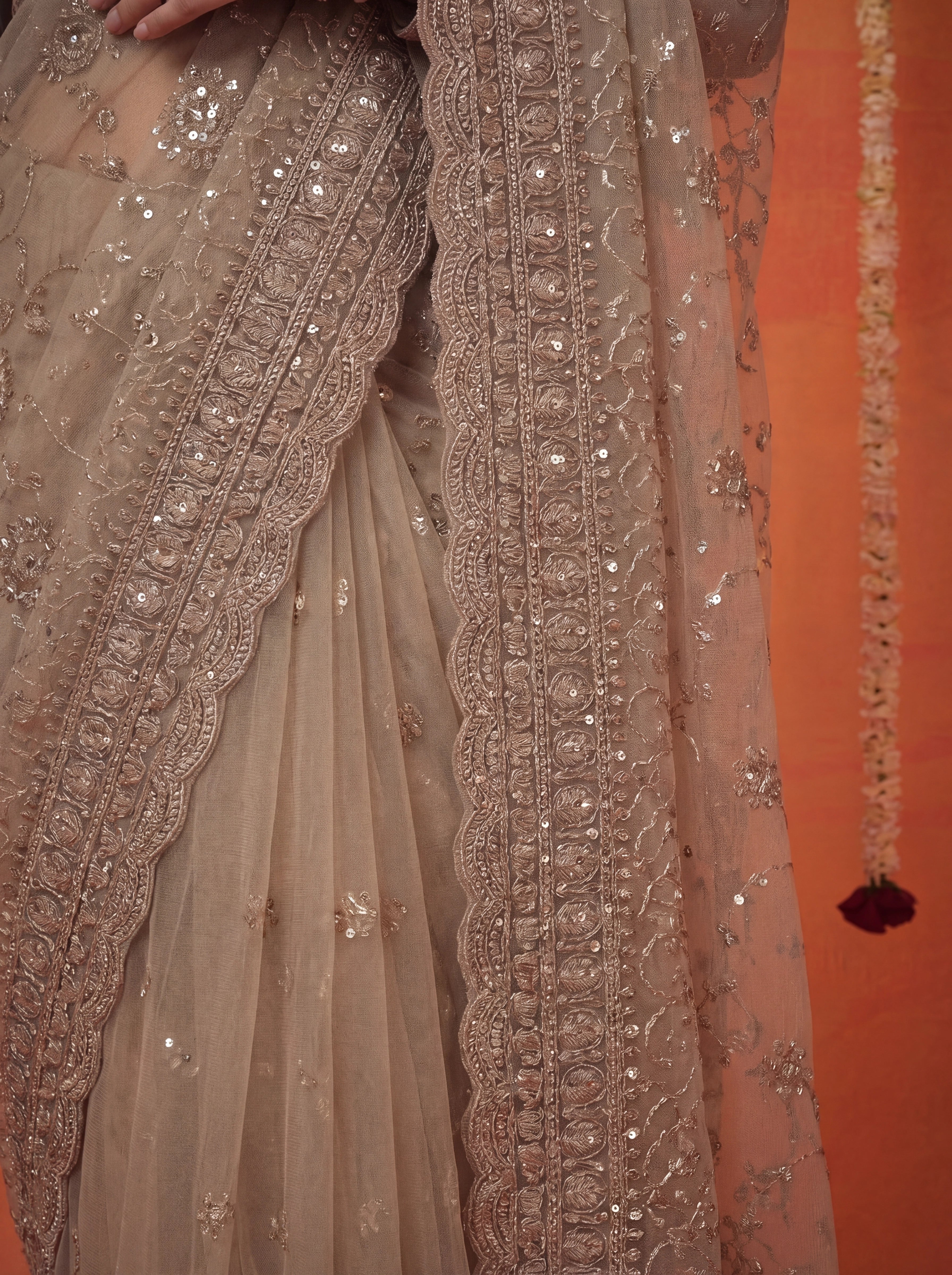 Champagne Gold Net Embroidery Sequins Beads Bridal Saree