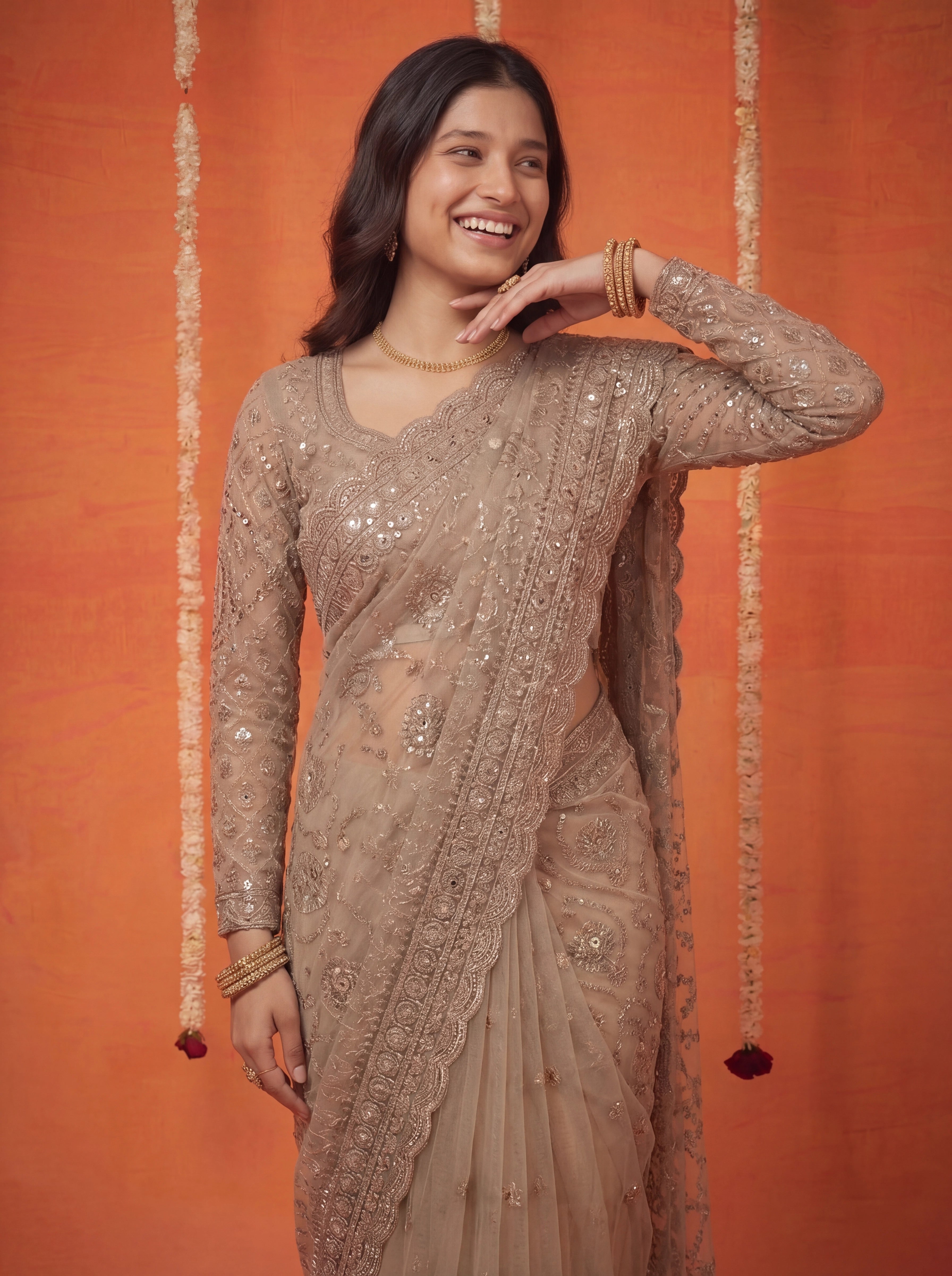 Champagne Gold Net Embroidery Sequins Beads Bridal Saree