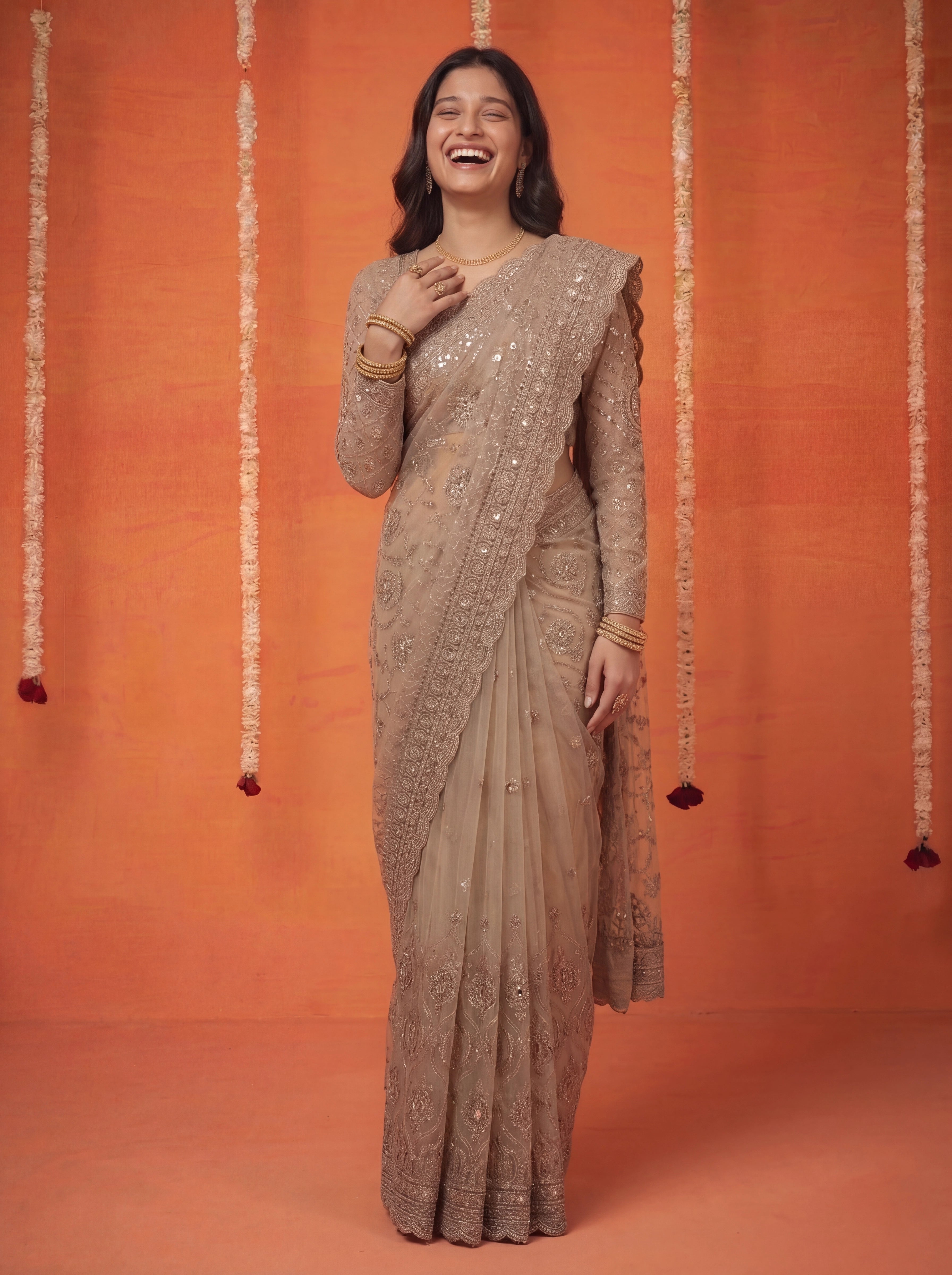 Champagne Gold Net Embroidery Sequins Beads Bridal Saree