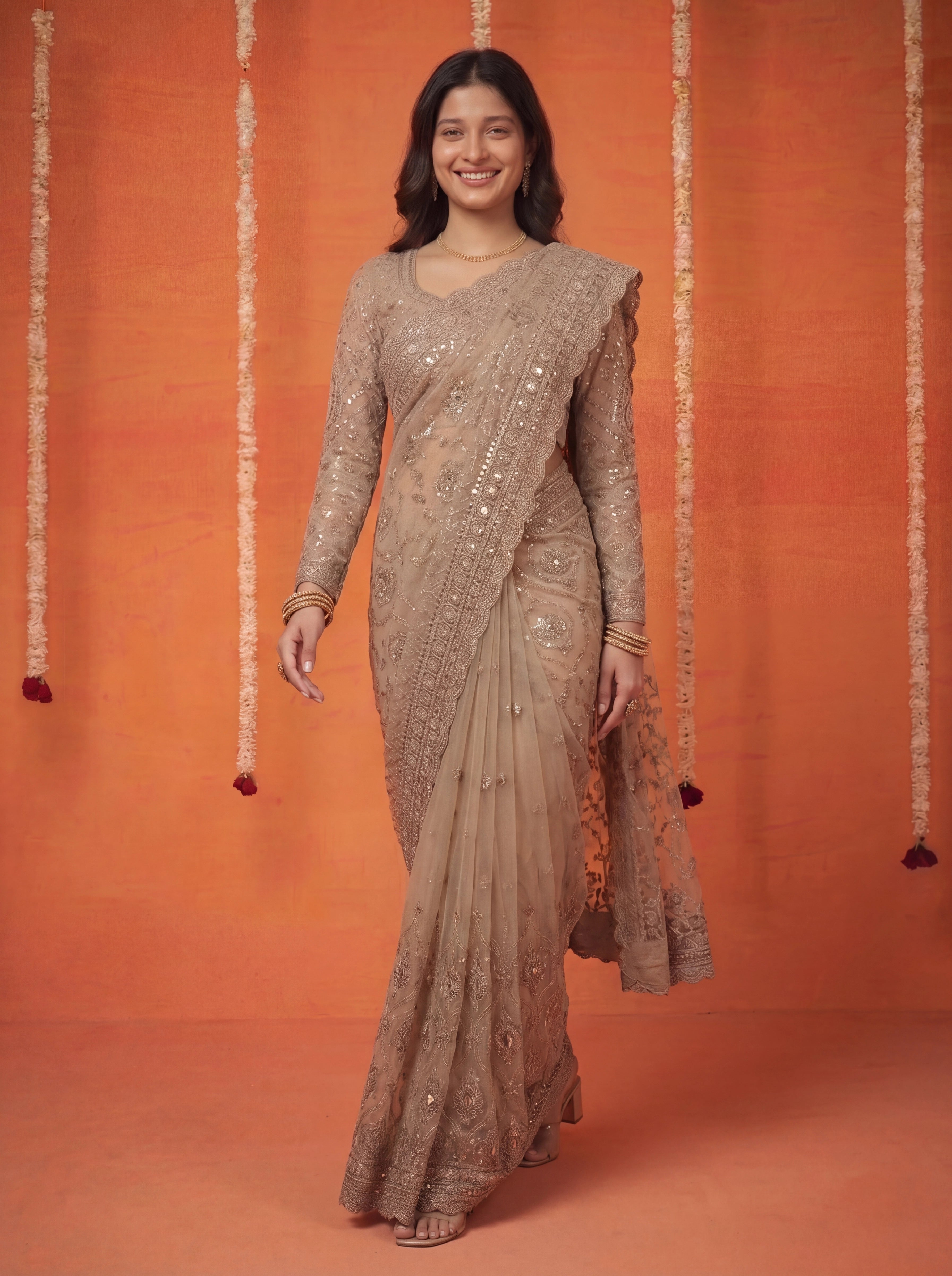 Champagne Gold Net Embroidery Sequins Beads Bridal Saree