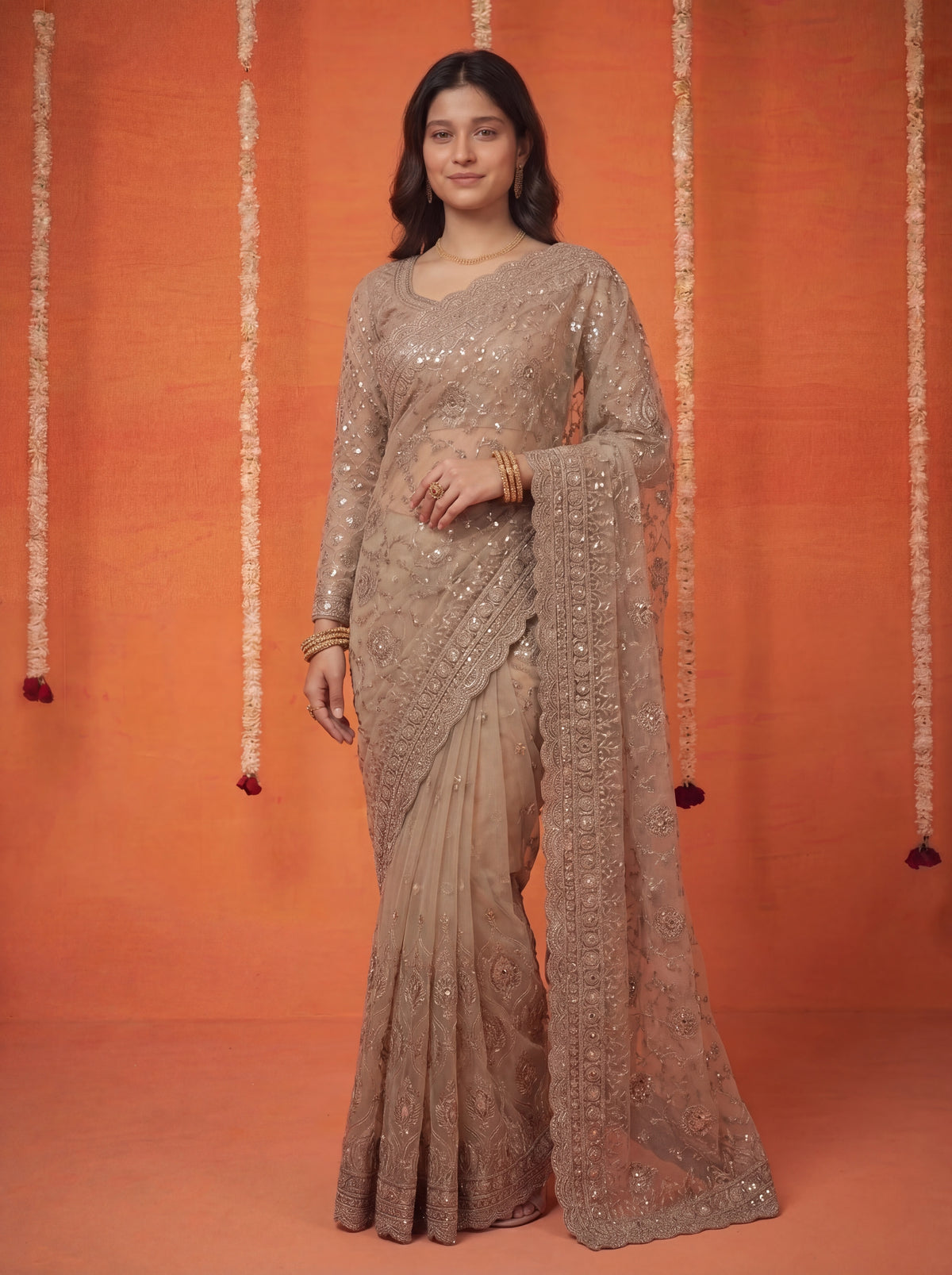 Champagne Gold Net Embroidery Sequins Beads Bridal Saree
