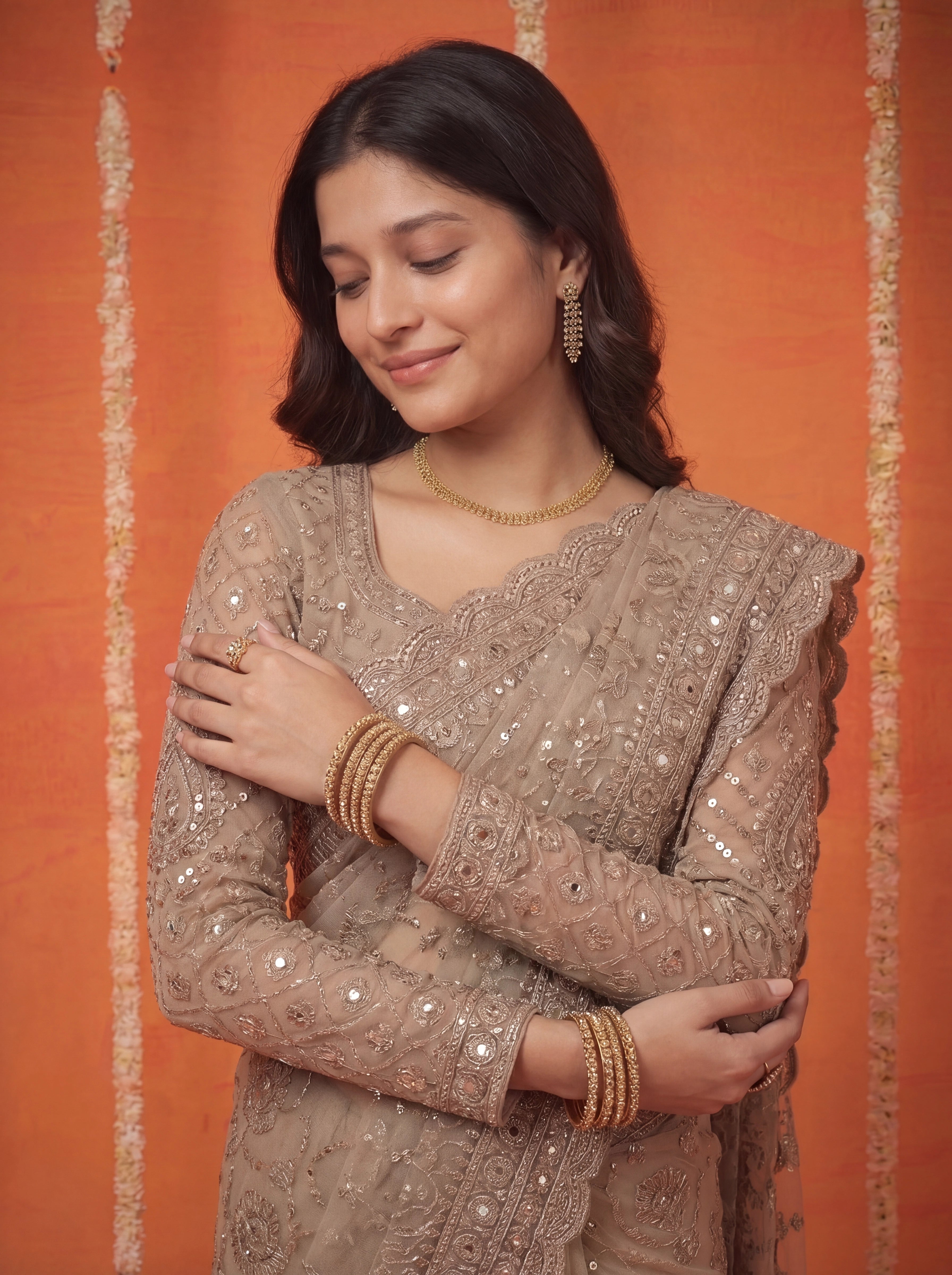 Champagne Gold Net Embroidery Sequins Beads Bridal Saree