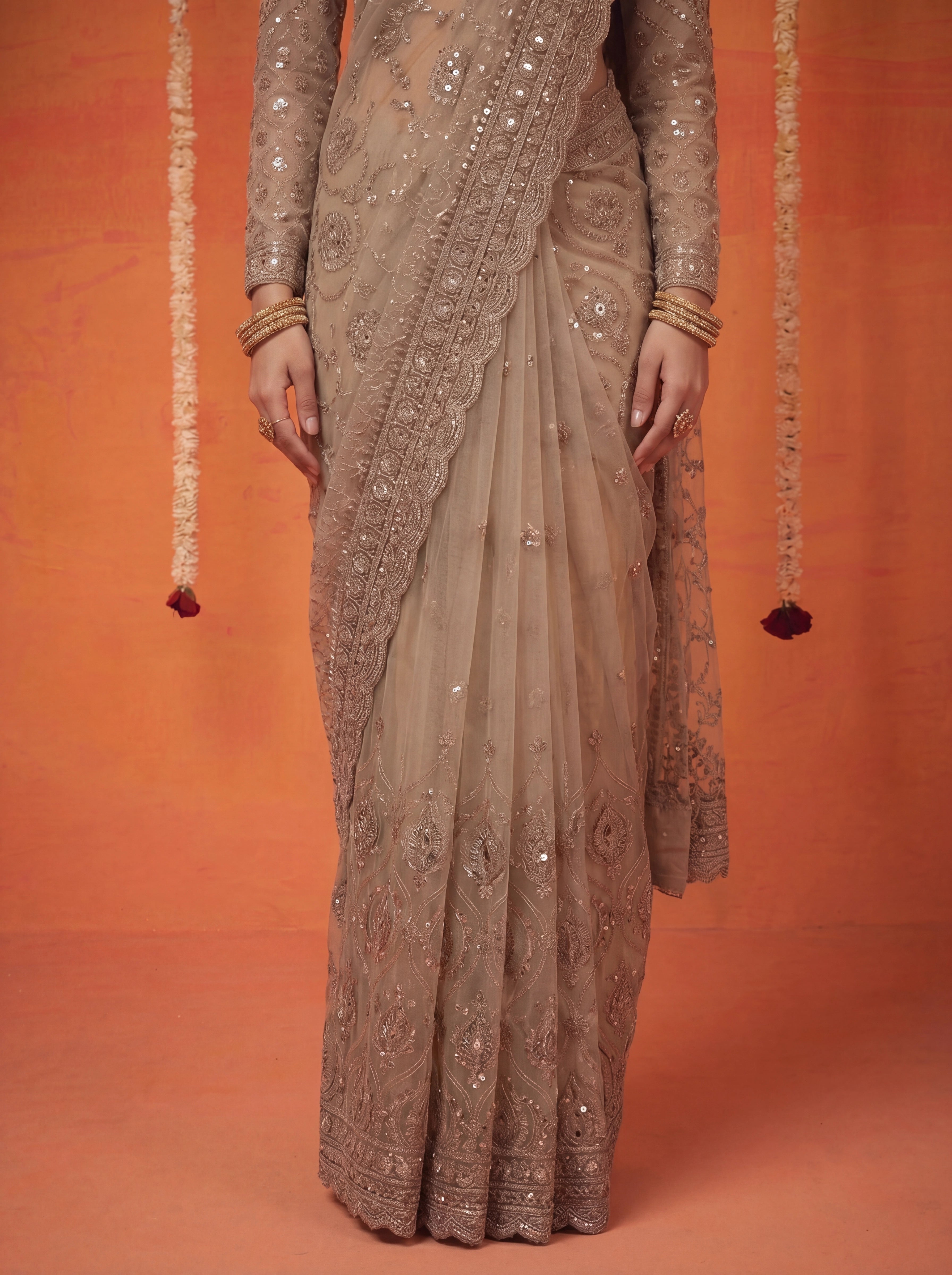 Champagne Gold Net Embroidery Sequins Beads Bridal Saree